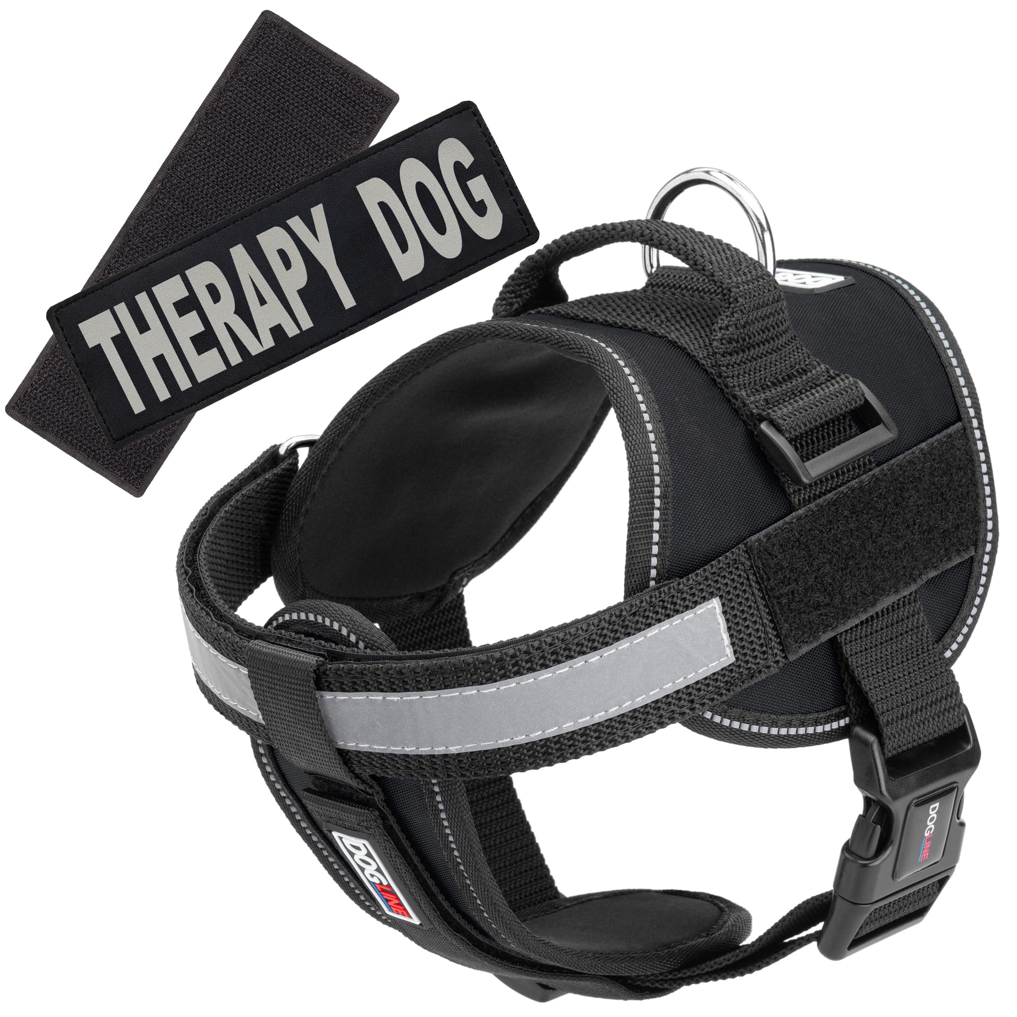 Dogline Adjustable Vest Harness for Large Dogs (28-38 Inch Chest) with 2 Removable Therapy Dog Patches - Black | Perfect for Service Dogs, Emotional Support Pets & Outdoor Adventures