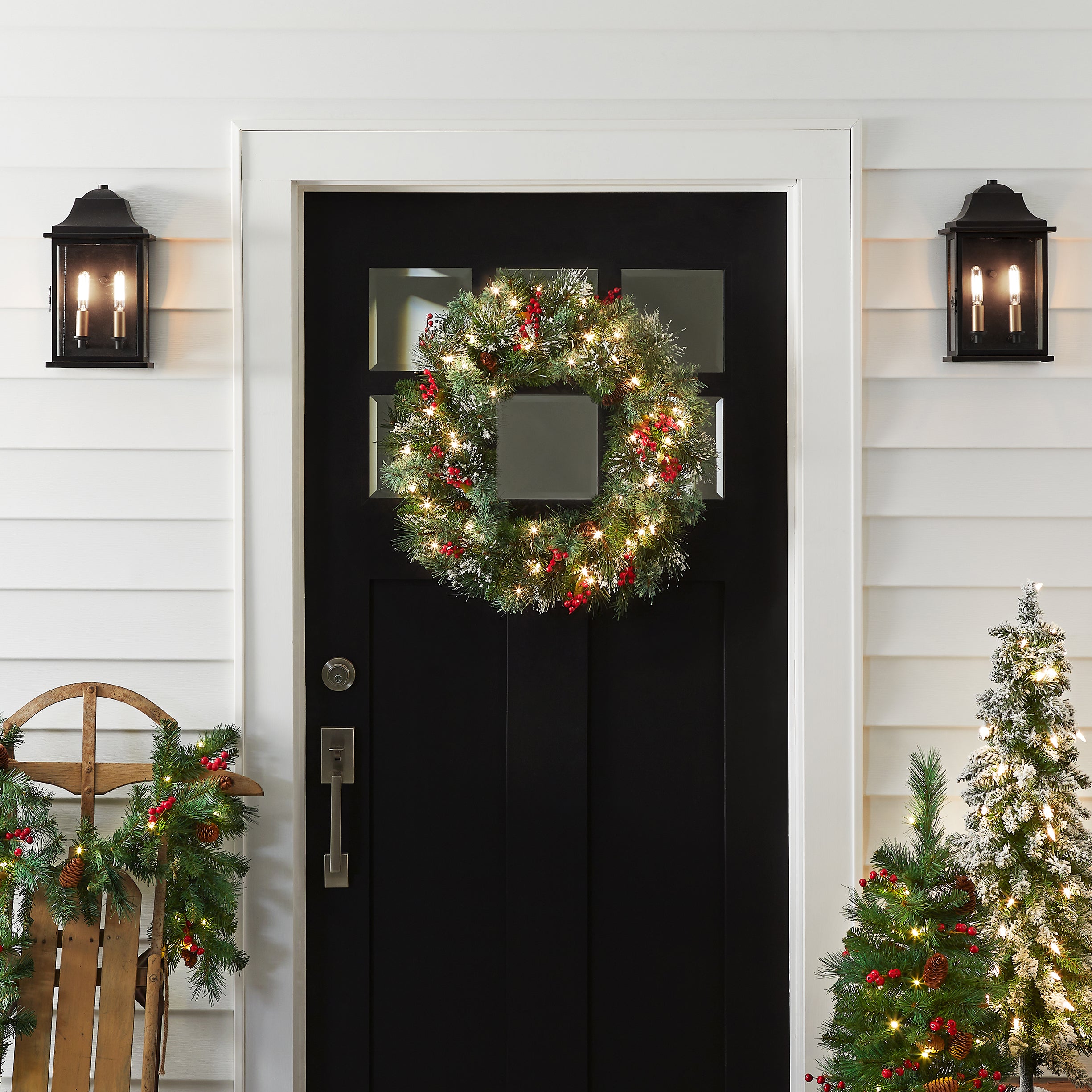 24 Inch Pre-Lit Wintry Pine Christmas Wreath with Clear LED Lights - Perfect for Holiday Door Decor, Fireplace Mantel & Winter Home Decoration