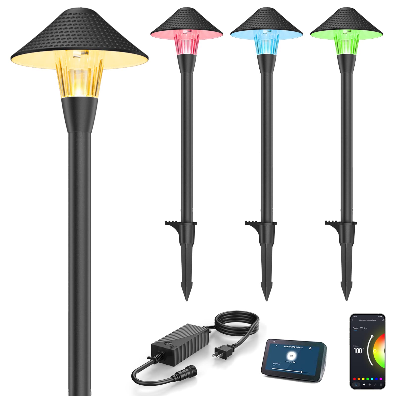 XMCOSY+ Low Voltage Landscape Lights, 200LM Smart Pathway Lights with APP Control, Adjustable Warm White & RGB, Compatible with Alexa, 12V 6W Outdoor Mushroom Lights for Garden Path Lawn (4 Pack) - Perfect for Backyard, Patio, Walkway & Driveway Lighting