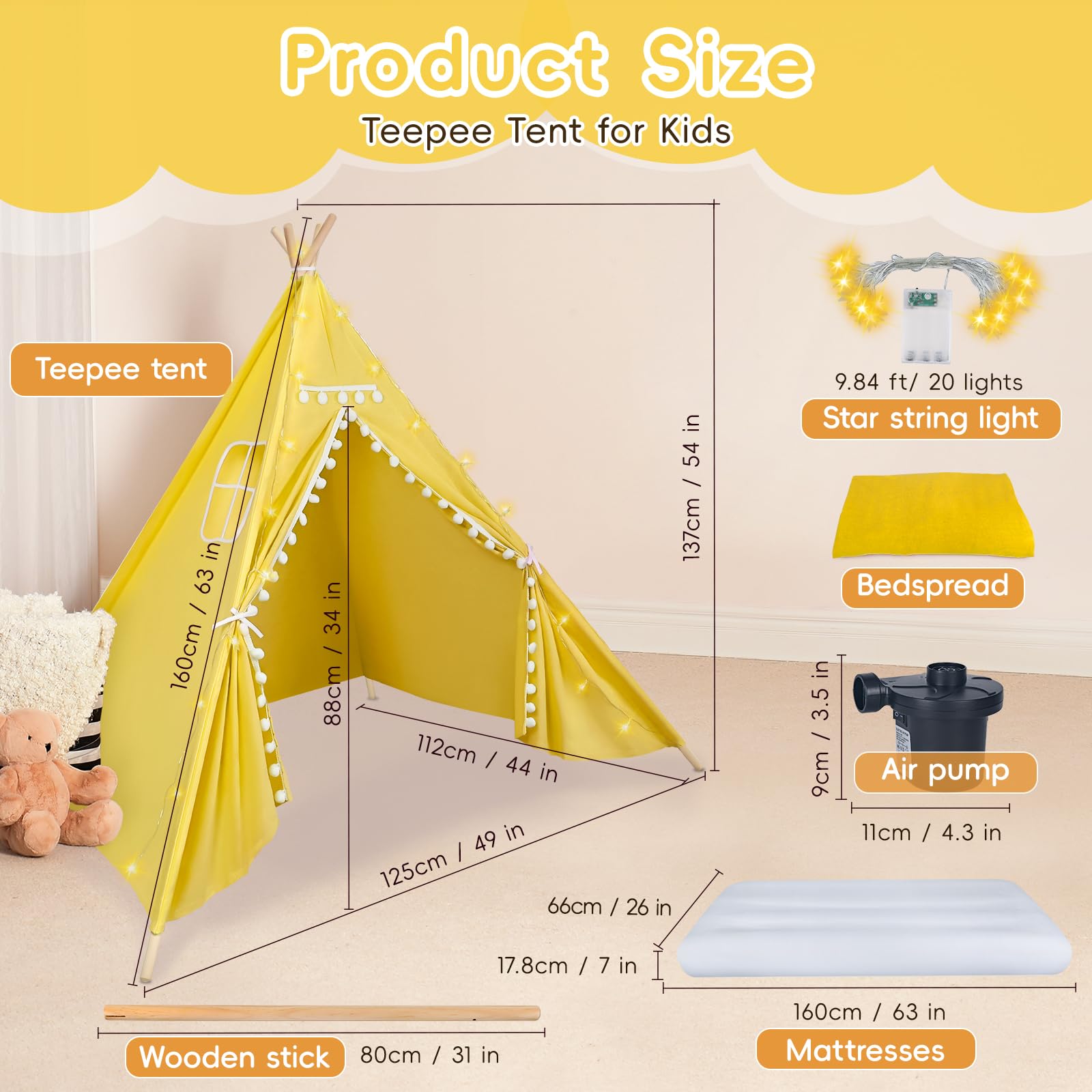 4 Pack Kids Teepee Tent with LED Lights & Inflatable Air Mattress - Play Tents for Boys & Girls, Includes Free Air Pump, Washable for Indoor/Outdoor Use - Perfect for Slumber Parties, Birthday Gifts & Backyard Camping (Yellow)