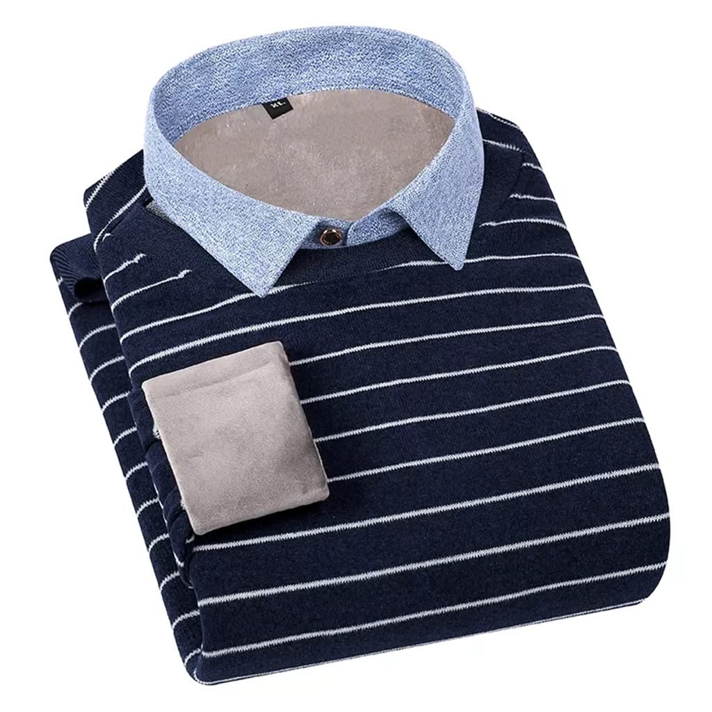XJJZS Men's Turtleneck Sweater - Winter Warm Striped Thick Velvet Slim Fit Pullover with Button Decor (Color A, Size 3XL) - Perfect for Office, Casual Outings & Cold Weather Layering
