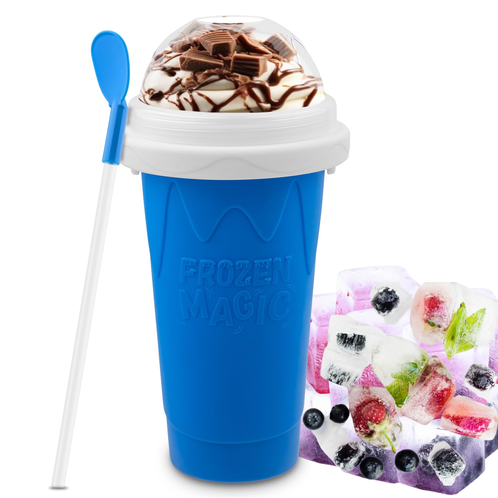 **Magic Slushy Maker Cup - DIY Portable Smoothie & Ice Cream Squeeze Cup for Juices, Milk - Double-Layer Silicone Slushie Cup with Straw - Perfect for Kids, Friends & Family Gifts (Blue) - Great for Parties, Picnics & Summer Fun**
