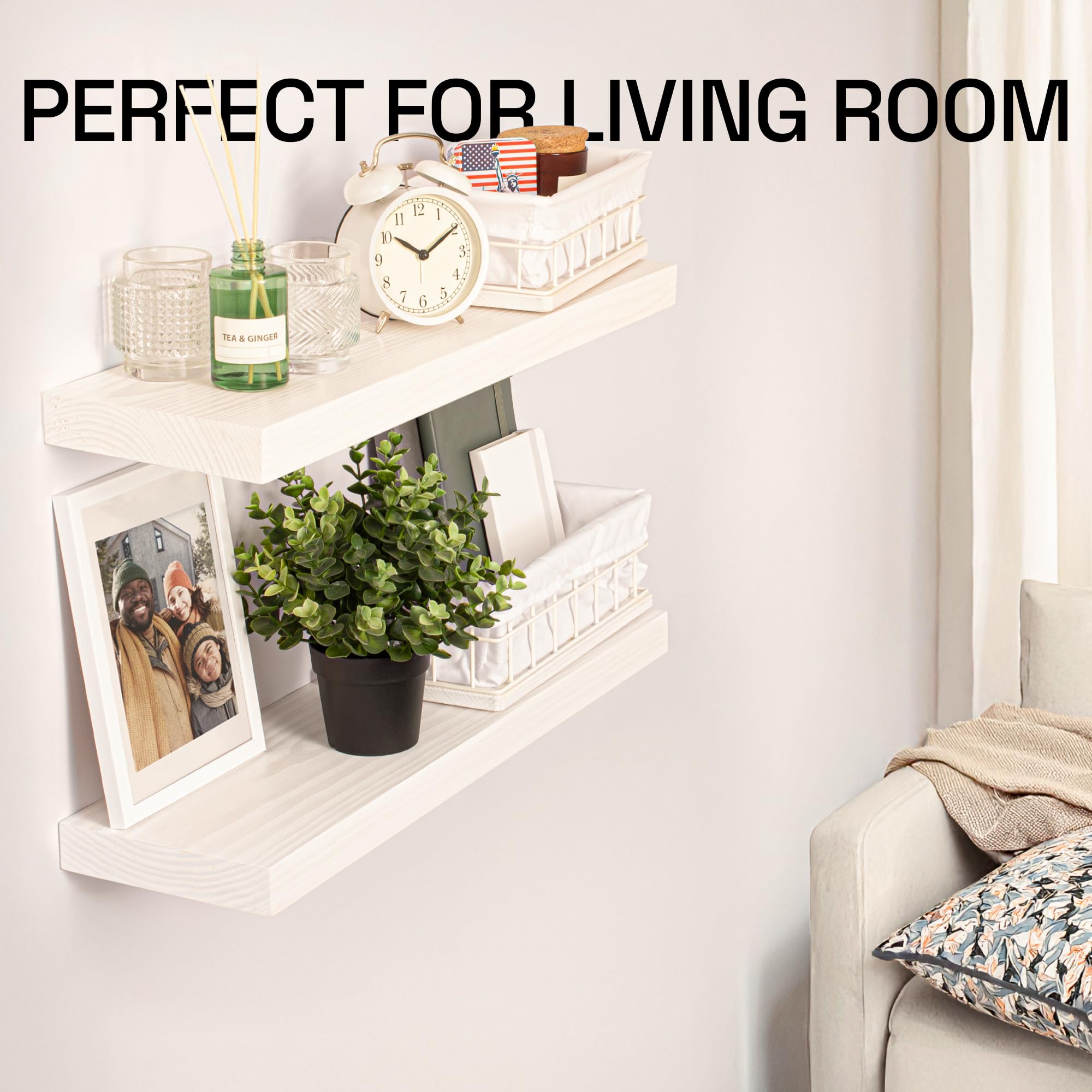 BAOBAB WORKSHOP 24 Inch Floating Shelves Set of 2 - White Wood Wall Mounted Shelves for Bathroom, Kitchen, Living Room & Bedroom - 24 x 6.7 Inch Rustic Home Decor Storage Solution