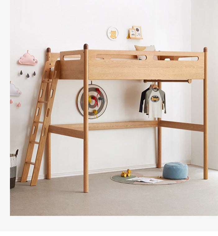 Solid Oak Wood Loft Bed with Storage Cabinet - Space-Saving Furniture for Small Rooms, Kids Bedroom & Dormitory
