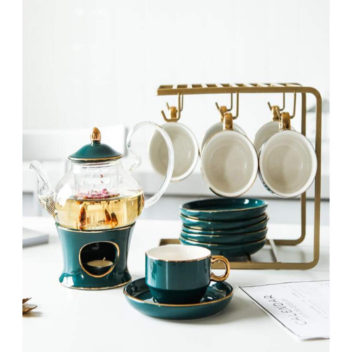 Premium Nordic Afternoon Tea Set - Ceramic Teapot with Heat-Resistant Glass & Gold Trim, Luxury Coffee Cup & Saucer Set in Elegant Green | Perfect for High Tea, Bridal Showers & Sophisticated Home Decor