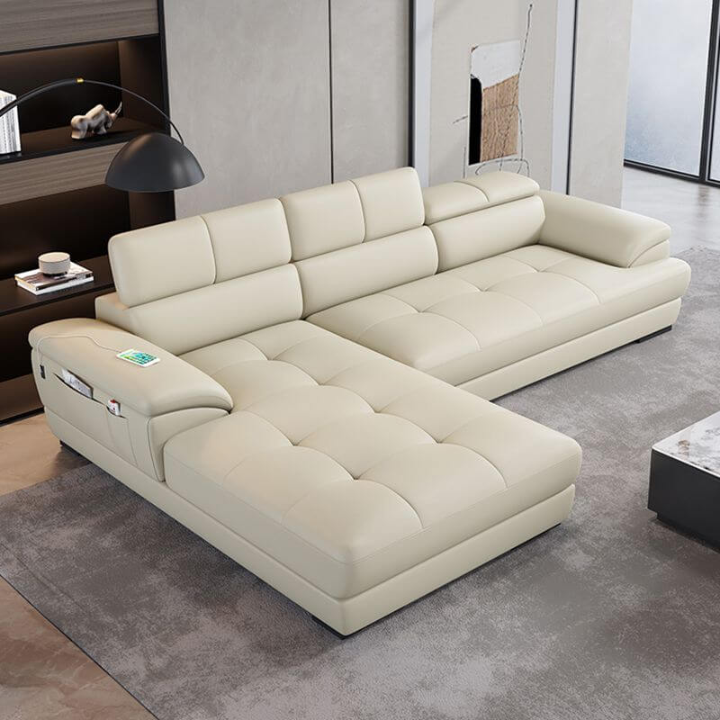 Mid Century Modern Leather Sectional Sofa with Cushion Back & Hidden Pocket Storage - Perfect for Living Room, Lounge & Home Theater Comfort