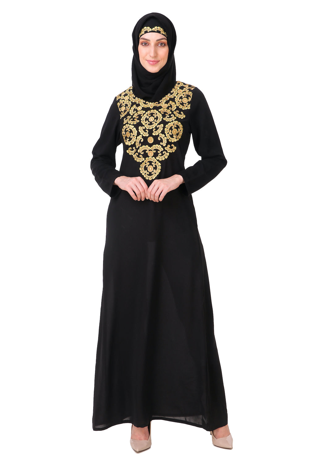 Hand Embroidered Gold & Copper Neck Abaya Dress - Elegant Islamic Modest Fashion for Women | Perfect for Eid, Wedding & Special Occasions