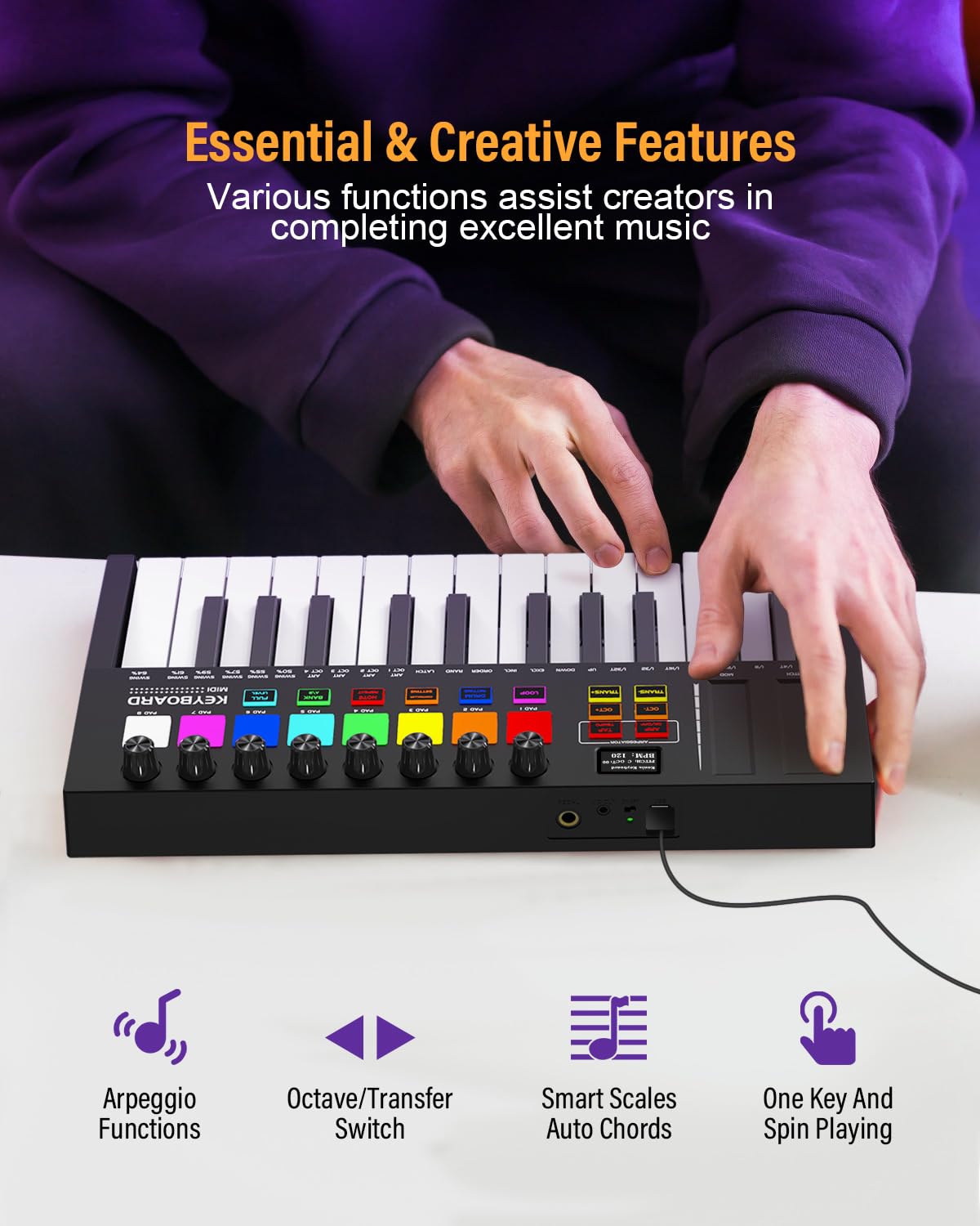 25-Key USB MIDI Keyboard Controller with 8 Backlit Drum Pads & 8 Knobs - Portable MIDI Piano Keyboard with OLED Display for Music Production, Beat Making, Live Performance & Home Studio Recording