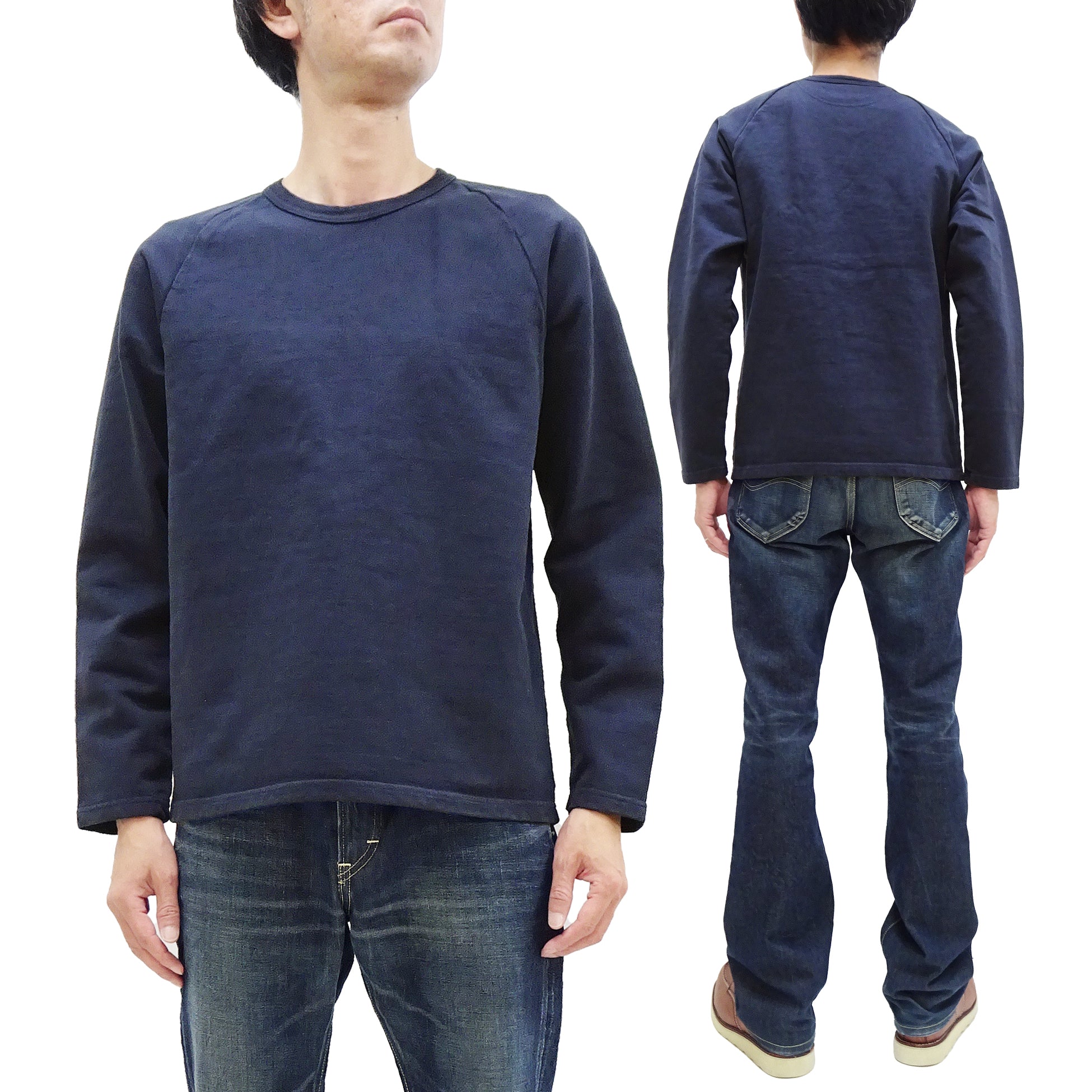 Japan Blue Jeans Men's Long Sleeve French Terry T-Shirt - Casual Plain Crew Neck Raglan Sleeve Inlay Shirt JBKN1001 Navy Blue - Perfect for Everyday Wear & Street Style Outfits