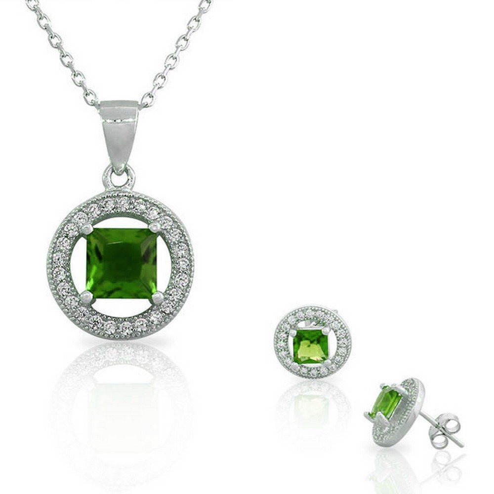 925 Sterling Silver Multicolor CZ Round & Square Pendant Necklace & Stud Earrings Set - Perfect for Weddings, Parties & Everyday Elegance
