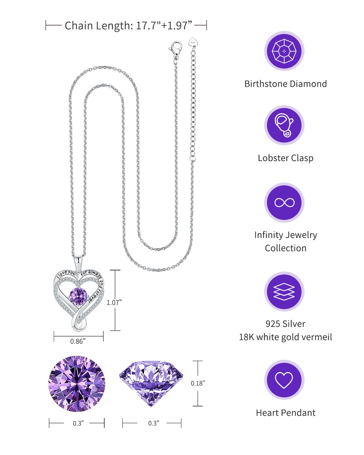 Infinity Heart Birthstone Necklace for Women - S925 Sterling Silver I Love You Jewelry, Anniversary & Birthday Gift for Wife, Girlfriend, Mom, Daughter | Perfect for Valentine's Day, Mother's Day & Romantic Occasions