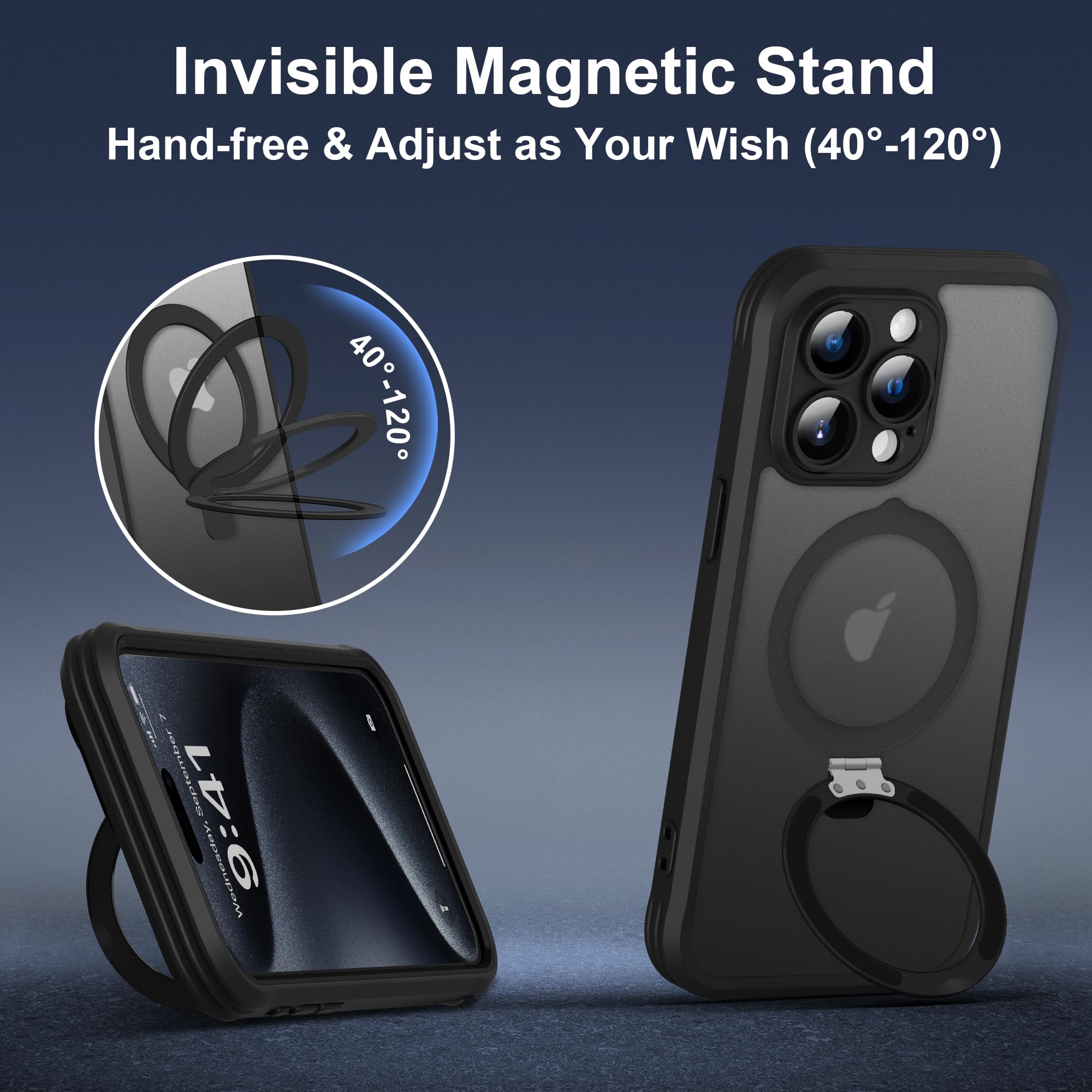 Magnetic Shockproof iPhone 15 Pro Max Case with Invisible Stand | MagSafe Compatible Translucent Matte Cover | Built-in Screen Protector for Men & Women | Perfect for Work, Travel & Outdoor Activities - Black