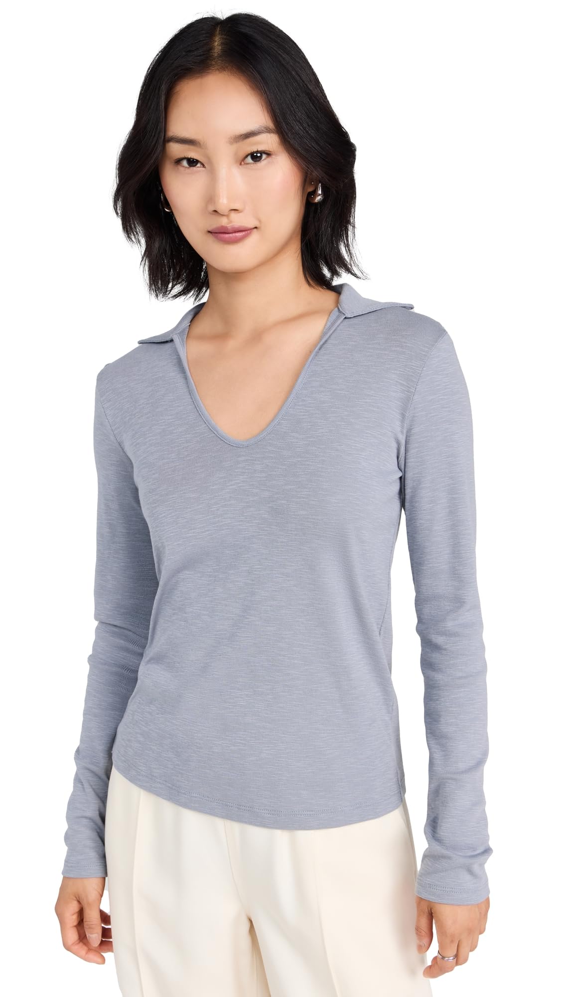 Vince Women's Long Sleeve Open Neck Polo Shirt - Soft Cotton Casual Top for Work & Everyday Wear | Perfect for Office, Business Casual & Weekend Outfits