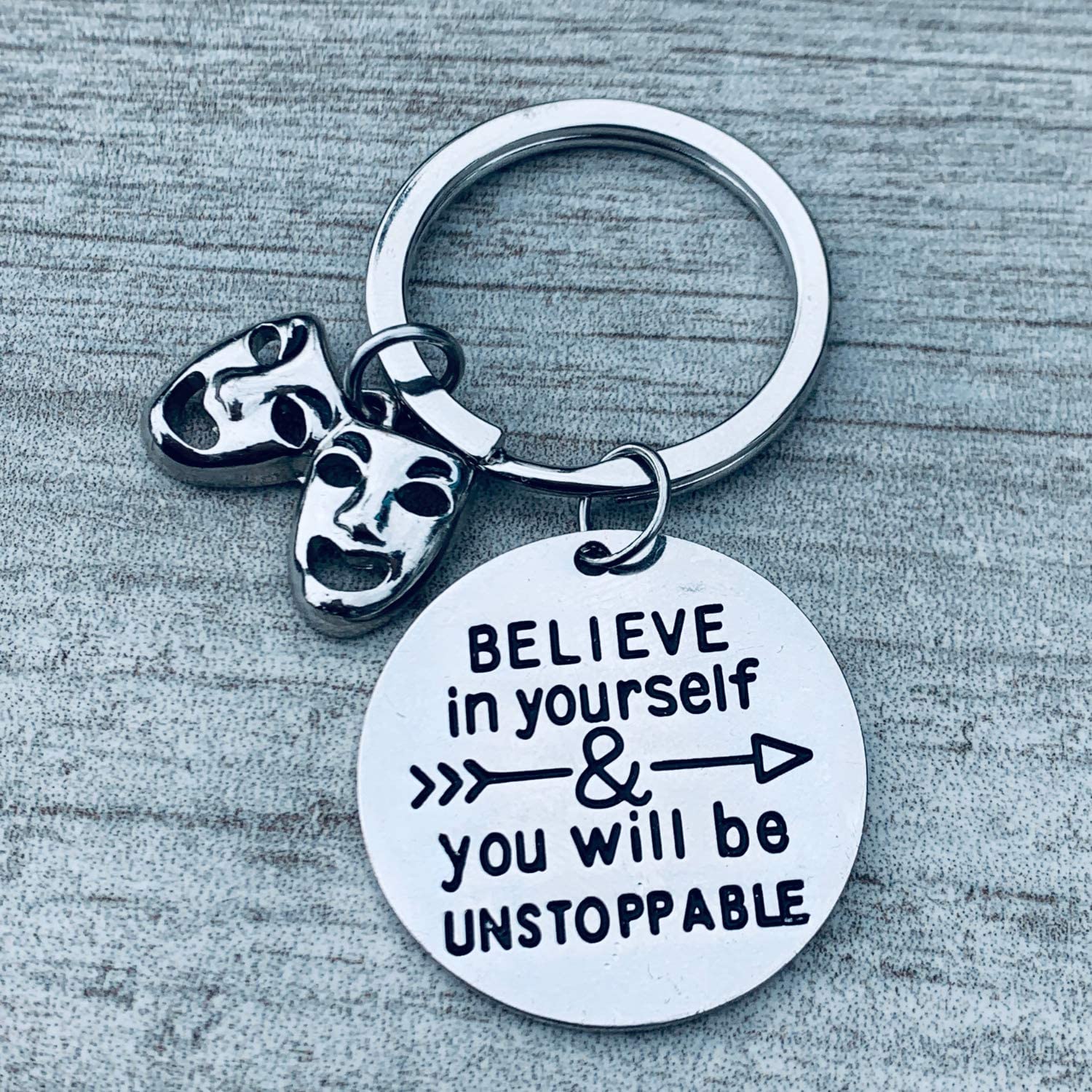 Drama Mask Keychain - Custom Theater Jewelry Gift for Drama Club & Lovers - Motivational 'Believe in Yourself' Charm - Perfect for Performances, Backpacks & Gifts