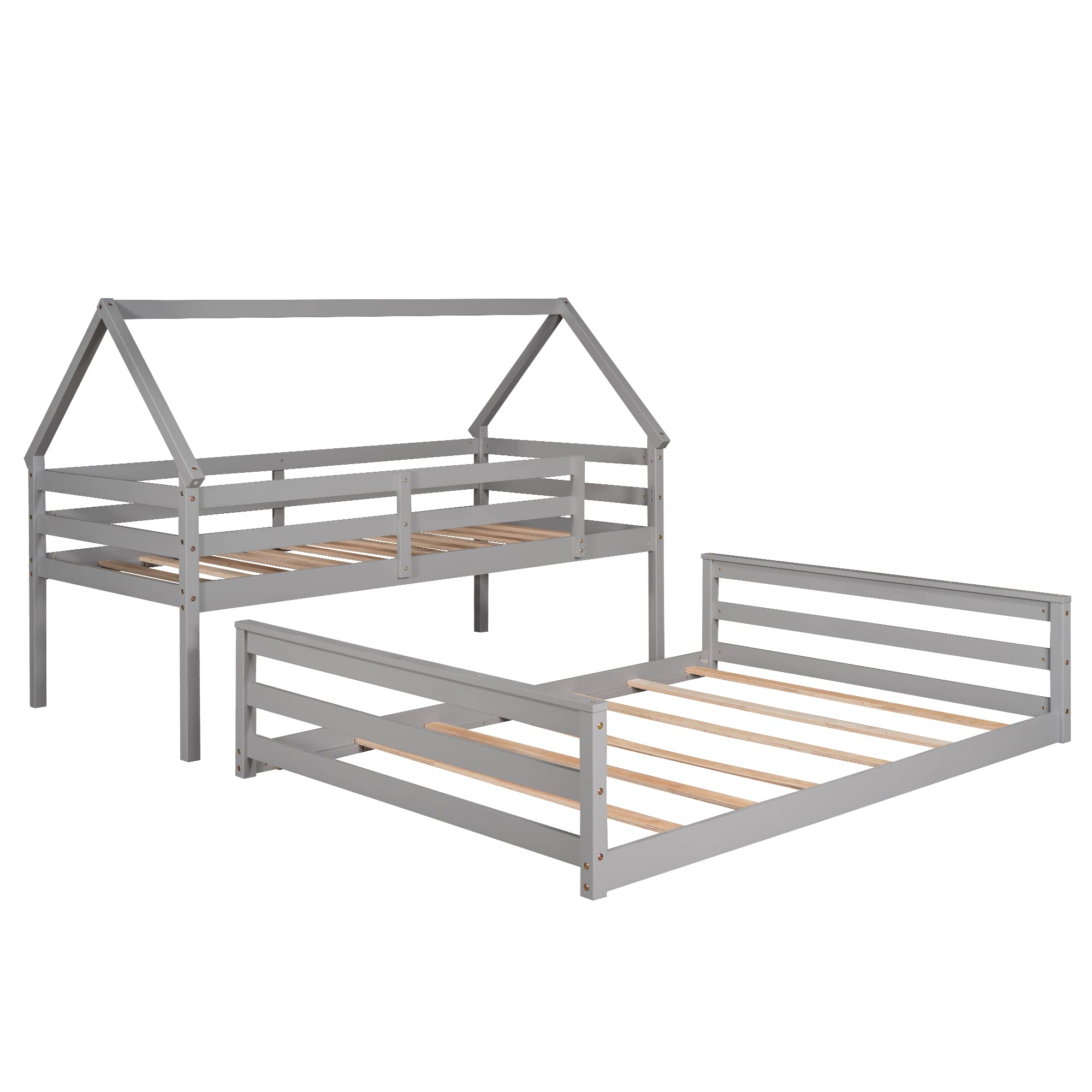 LZ LEISURE ZONE Twin Over Full Bunk Bed Frame - Convertible Wooden House Bunk Bed with Built-in Ladder, Splits into 2 Separate Beds (Grey, Twin/Full Size) - Perfect for Kids' Bedrooms, Guest Rooms & Space-Saving Solutions