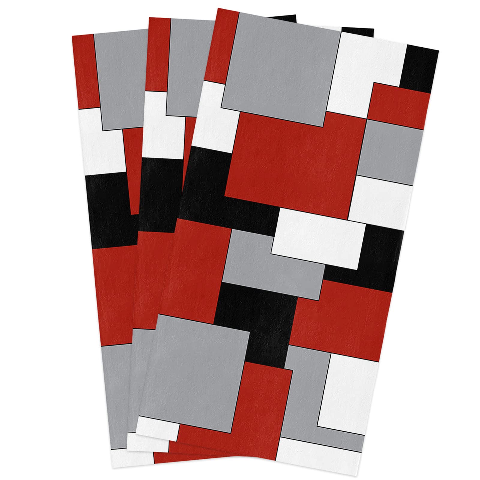 Geo Kitchen Towels Set of 3 - 16x28 Inch Soft Cotton Dish Cloths with Abstract Geometric Pattern in White, Grey, Black & Red - Multipurpose Tea Towels, Bar Towels & Hand Towels for Kitchen, Dining & Hosting