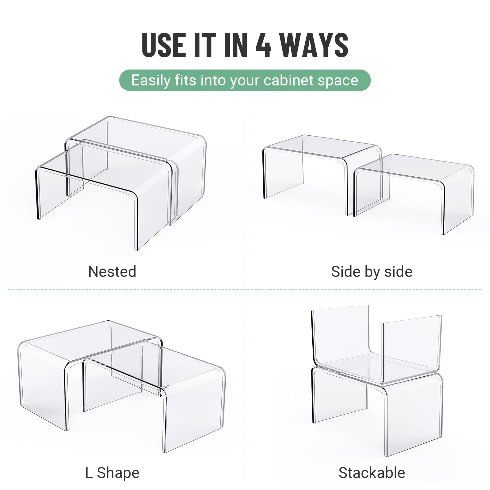 Clear Cabinet Organizer Set of 2 - Kitchen Shelf Organizer for Pantry, Spice Storage & Countertop Display - Space Saving Room Decor for Desk & Cabinet Organization - Perfect for Home, Office & Dorm Use