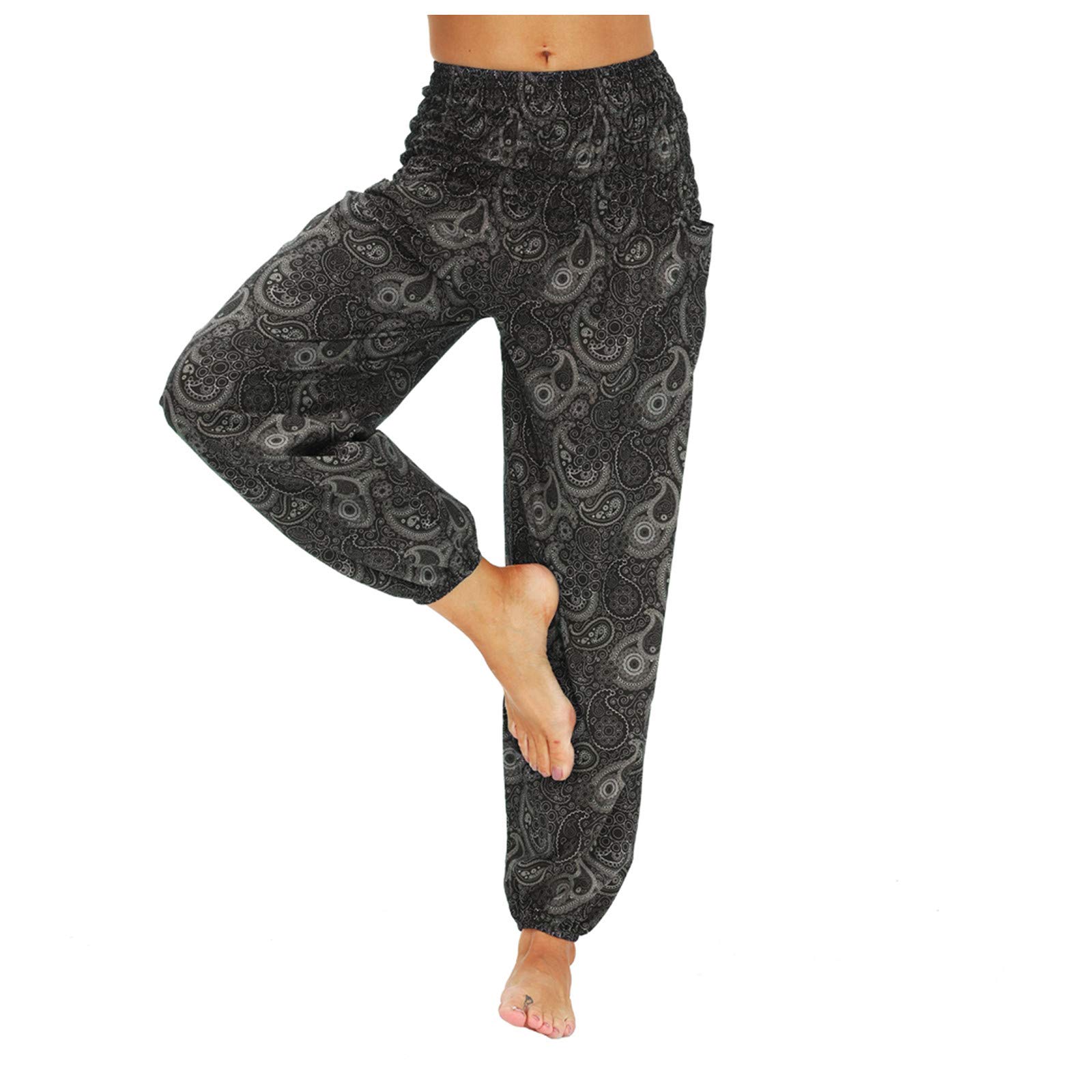 ESSSUT999 Women's Boho Harem Yoga Pants - Hippie Bohemian Trousers with Smocked Waist | Loose Fit Joggers for Yoga, Beach & Lounge Wear | Comfortable Sweatpants for Home, Travel & Casual Outfits