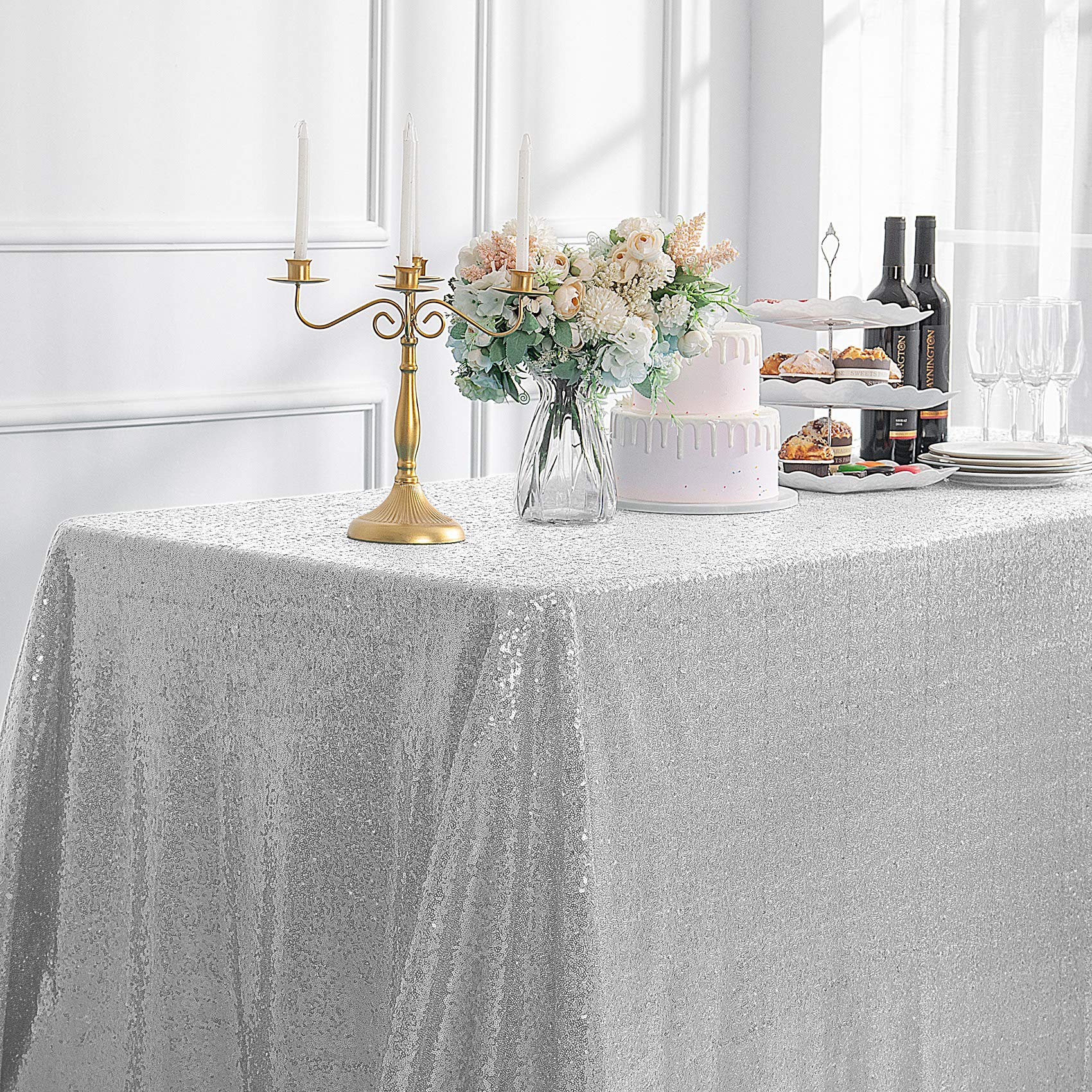 Pufogu 60x102 Inch Silver Sequin Tablecloth - Glitter Rectangular Table Cover for Birthday, Wedding, Bridal & Baby Shower Party Decorations - Perfect for Holiday Celebrations, Banquets and Special Events