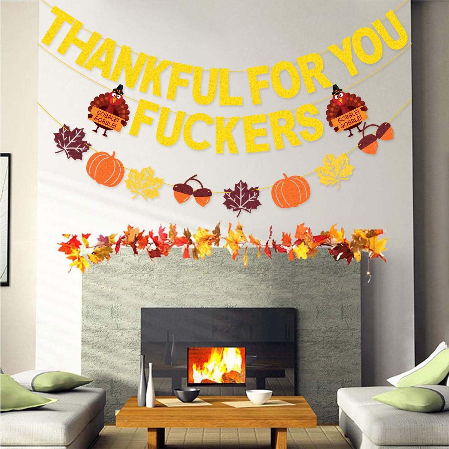 Gold Glitter Thanksgiving Banner - Pre-assembled Thankful for You Sign for Friendsgiving & Home Decor | Perfect for Mantel, Party Wall Decorations & Indoor Thanksgiving Celebrations