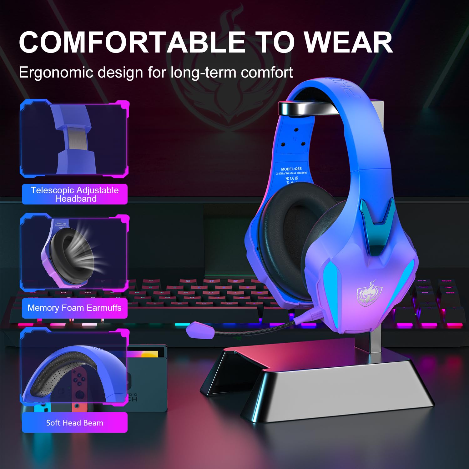 PHOINIKAS Wireless Gaming Headset for PS4/PS5/PC/Switch - 2.4GHz Wireless with USB Dongle, 7.1 Stereo Sound, Detachable Noise-Canceling Mic & LED Lights - Perfect for Gaming, Streaming & Online Meetings