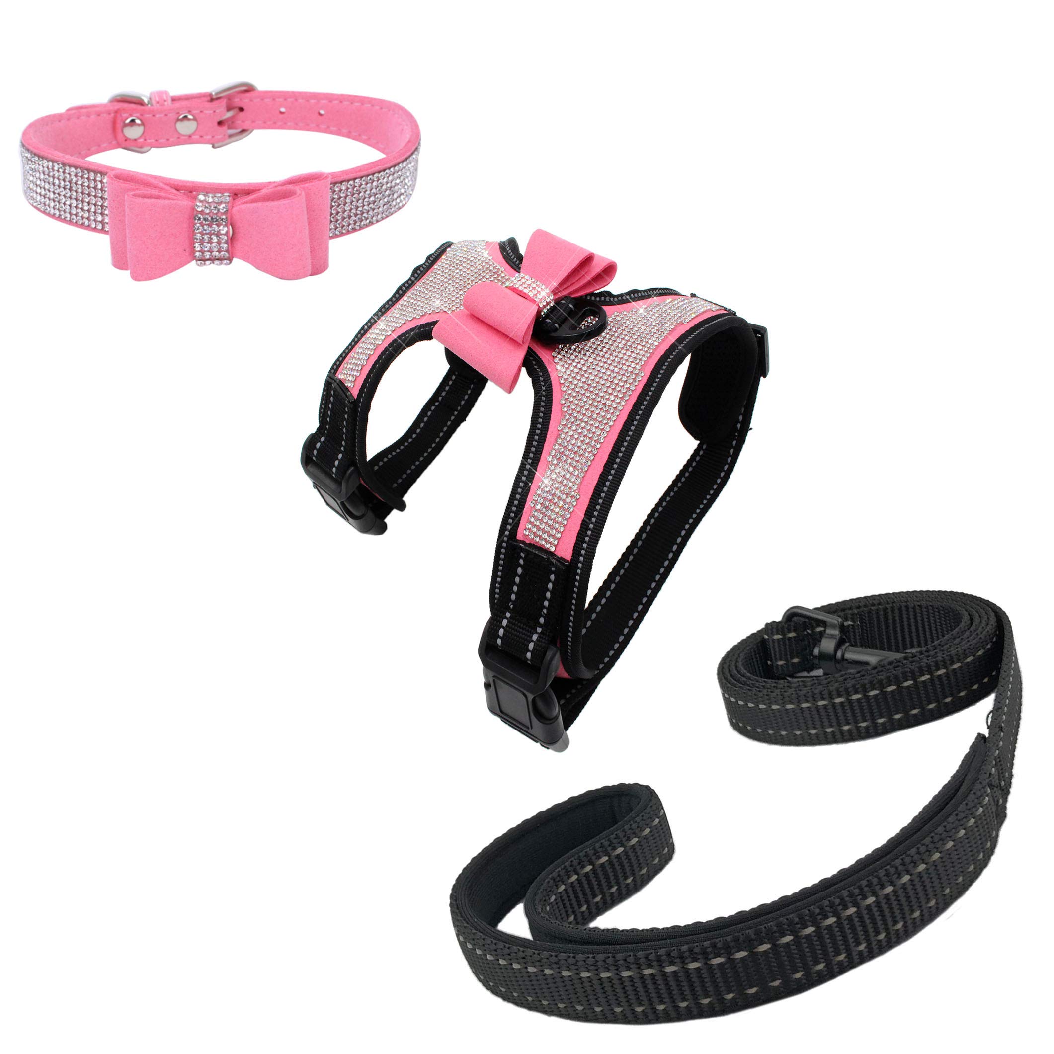 Newtensina 3pcs Sparkling Bow Tie Dog Harness Set - Adjustable Pet Collar with Matching Leash for Small Medium Dogs | Perfect for Parties, Weddings & Photo Shoots