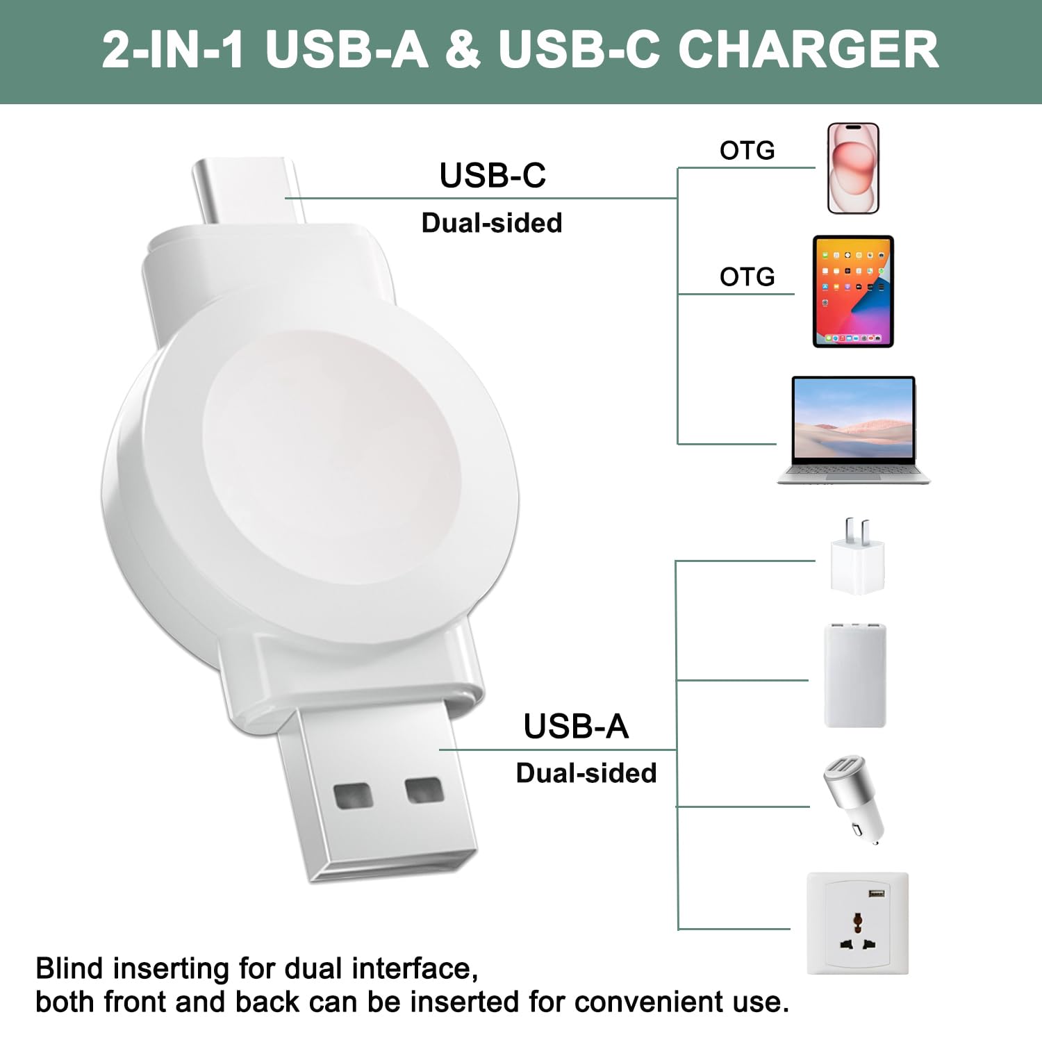 Byforphye Portable Magnetic Wireless Charger for Apple Watch SE/Ultra 2/Series 9-2 - Fast USB-C & USB-A Travel Charger for iWatch (White) | Perfect for Home, Office & On-the-Go Charging