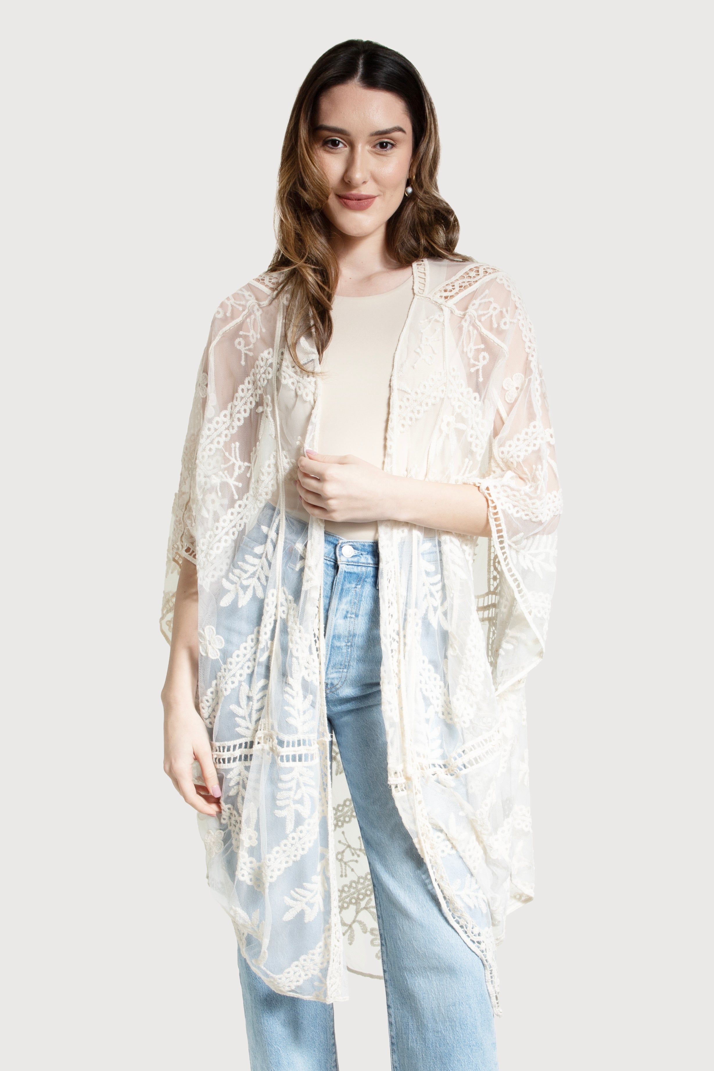 Elegant Sheer Lace Floral Kimono Robe - Lightweight Cover Up for Women, Beach Wedding Bridal Party, Boho Chic Loungewear