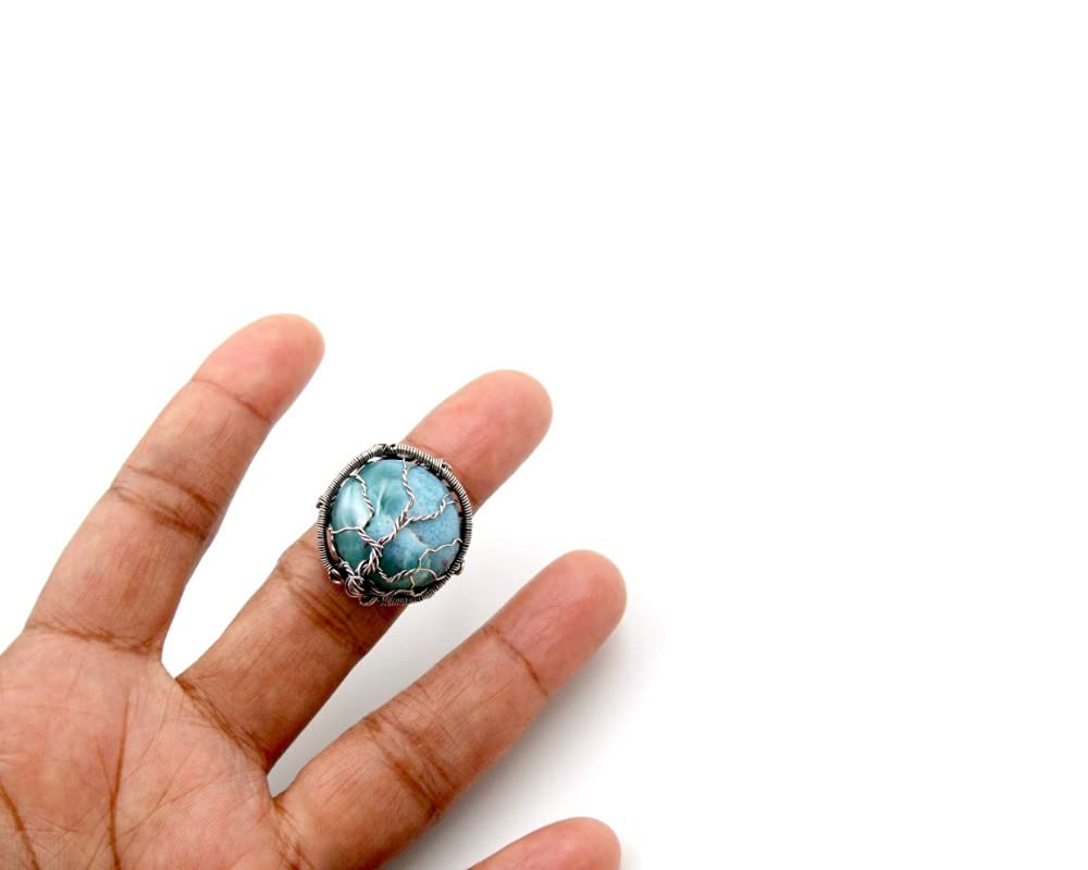 Tree of Life Ring Size 10 - Sterling Silver Wire Wrapped Larimar Gemstone Jewelry with Healing Crystals - Perfect for Spiritual Healing, Meditation & Boho Fashion