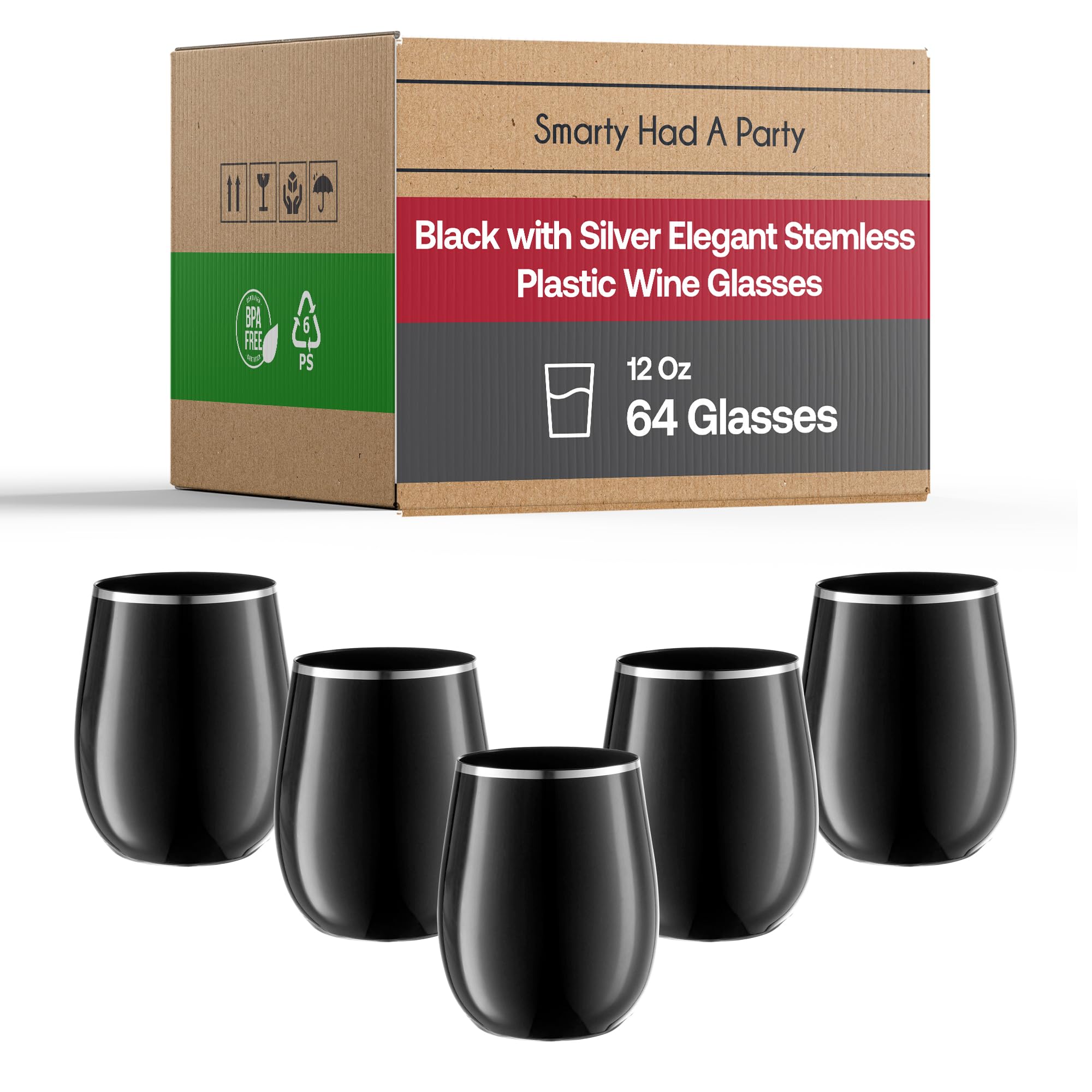 Smarty Had A Party 12 oz Stemless Plastic Wine Glasses – 64 Pack Black Disposable Cups with Silver Rim, Shatterproof Drinkware for Weddings, Parties & Events – Perfect for Outdoor Gatherings, BBQs & Celebrations
