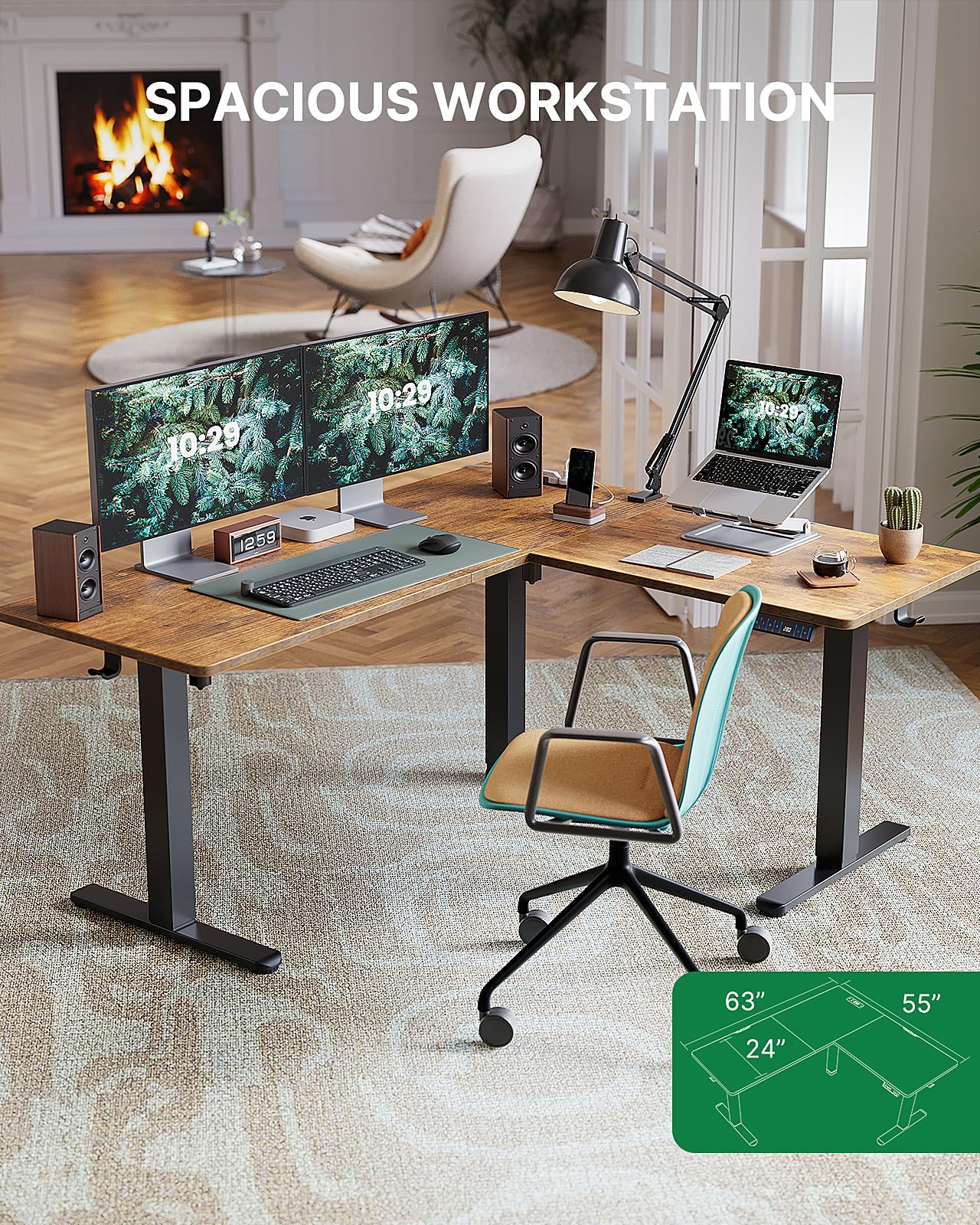 Marsail Adjustable Height Electric Standing Desk - L-Shaped Home Office Desk with 4-in-1 Power Outlet & Headphone Hook | Sturdy Writing Workstation for Home Office, Gaming & Remote Work (Rustic Finish)