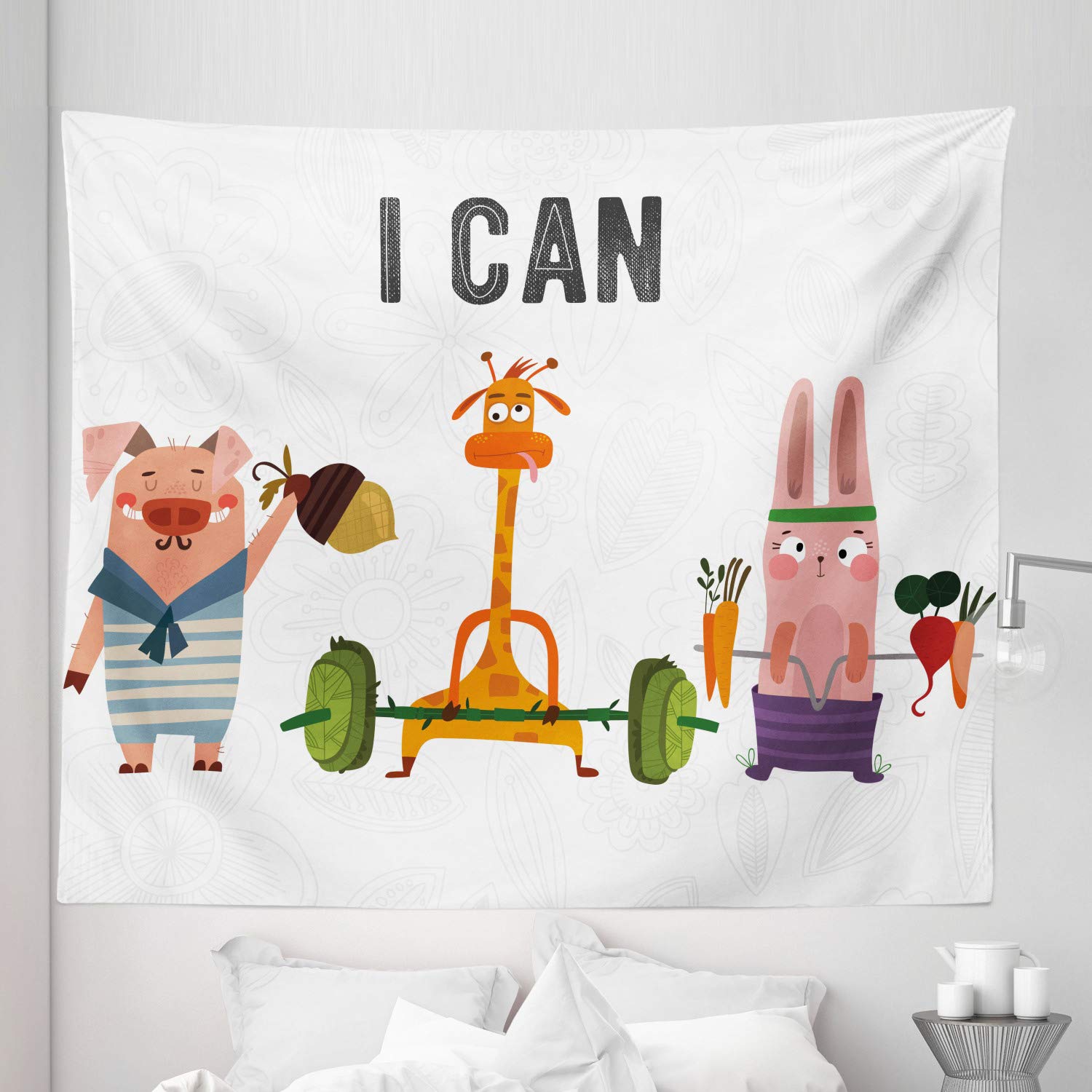 Ambesonne King Size Fitness Tapestry - Pig, Rabbit & Giraffe Motivational Wall Art for Gym & Home Decor | 104x88 Inch Colorful Bedspread & Wall Hanging | Perfect for Yoga Studios, Dorm Rooms & Workout Motivation