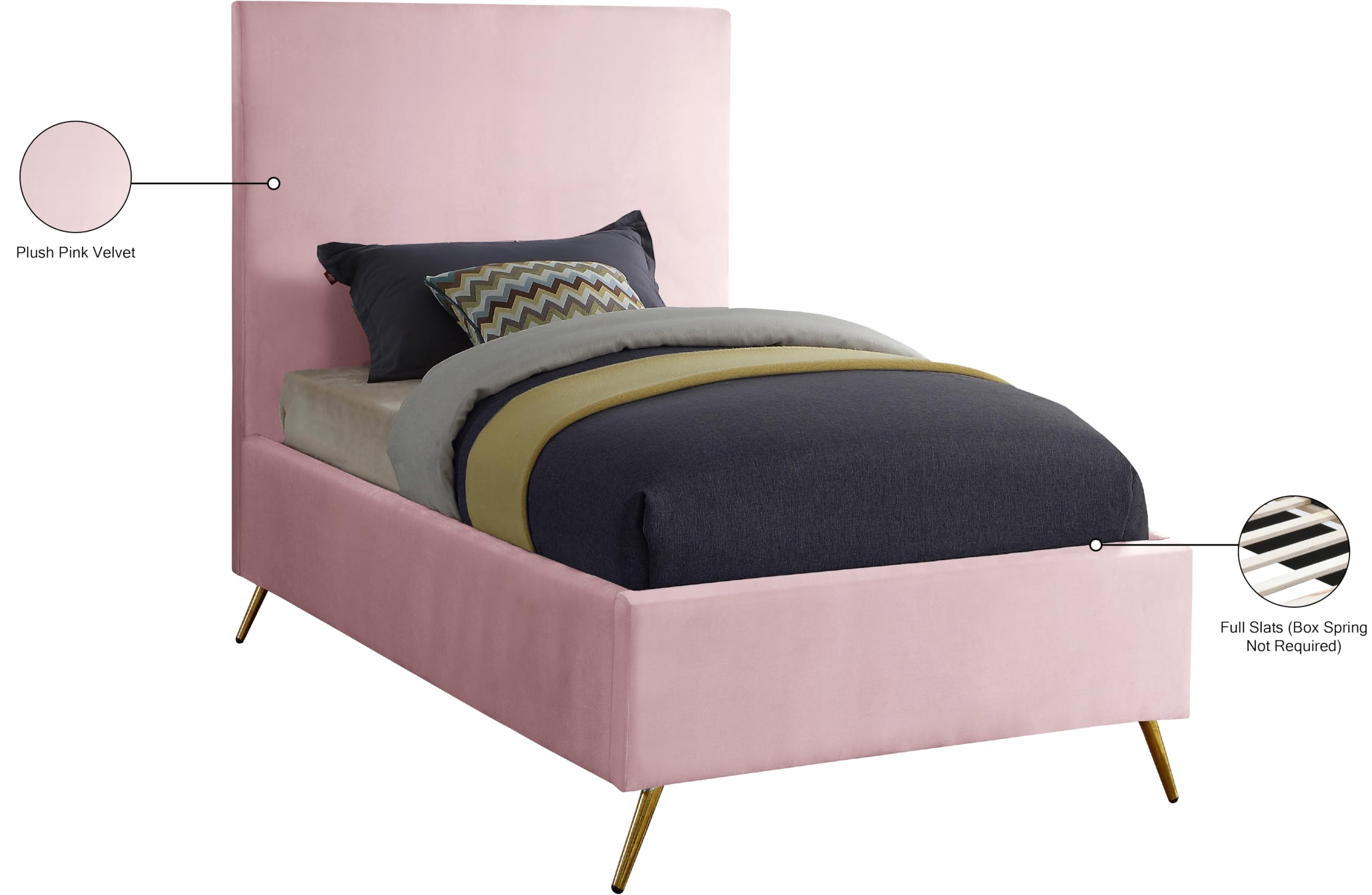 Meridian Furniture Jasmine Collection Modern Velvet Upholstered Twin Bed with Gold & Chrome Legs - 44