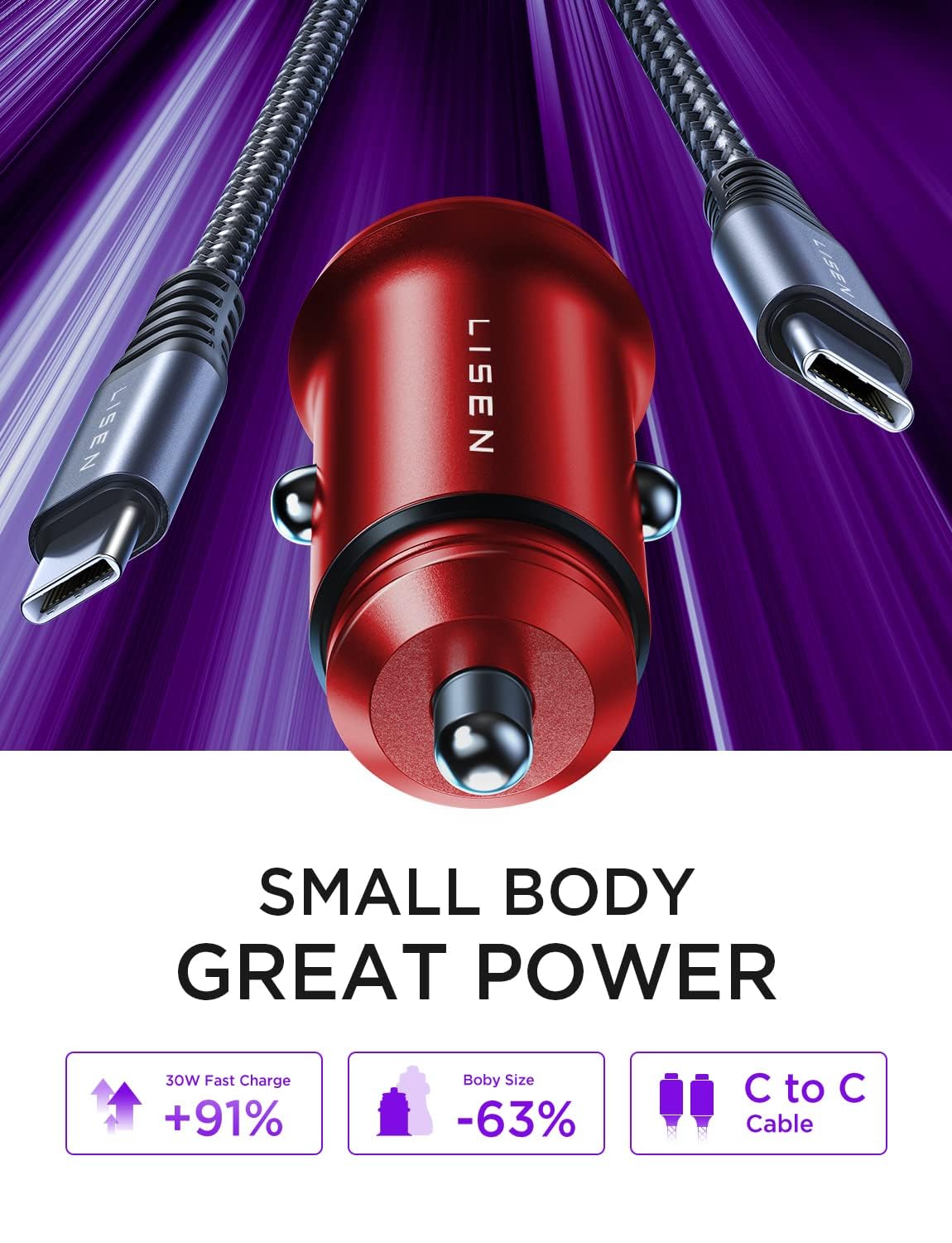 LISEN 54W USB C Car Charger Dual Port Fast Charging - QC3.0 & PD36W Cigarette Lighter Adapter for iPhone 16/15 Pro Max/Mini/Plus, Samsung Galaxy S23/S22 (Red) - Perfect for Road Trips & Daily Commutes