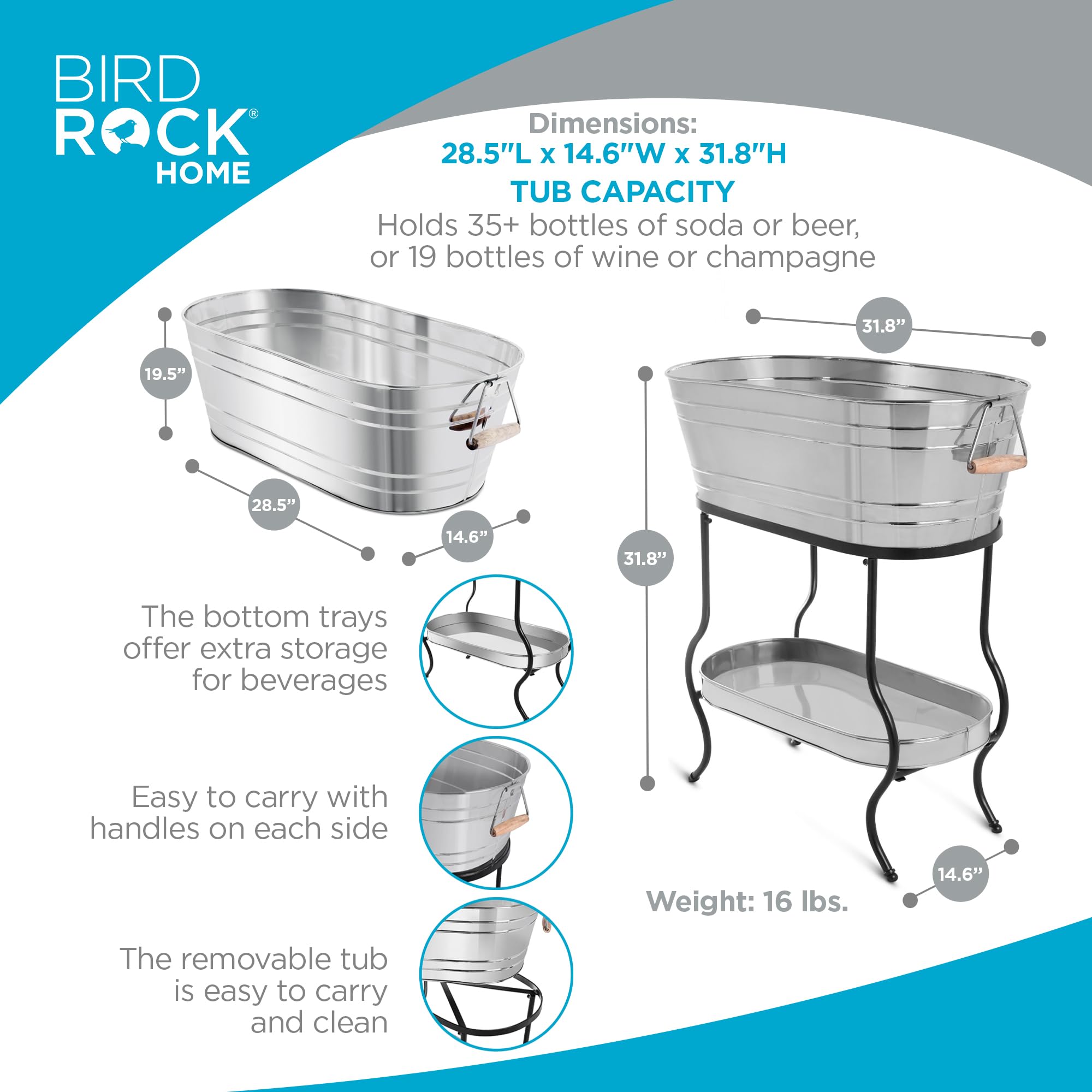 BIRDROCK Stainless Steel Beverage Tub with Stand & Wooden Handles - 5 Gallon Ice Bucket with Bottom Tray for Parties - Indoor/Outdoor Drink Cooler for Entertaining, BBQ, Poolside & Tailgating