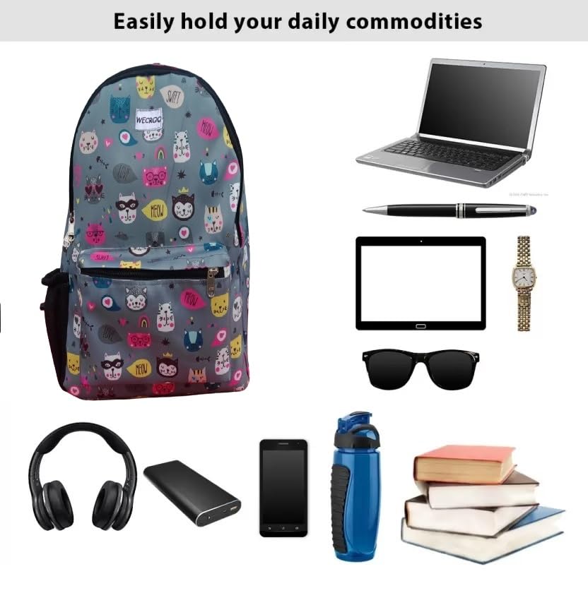 Stylish Water-Resistant Lightweight Backpack for Women & Girls - Perfect for School, College, Office & Casual Use (Medium Size, Grey Kitty Design)