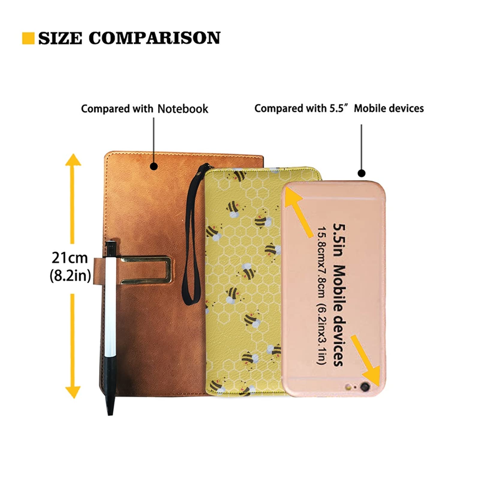 Cute Honey Bee Print Zip Around Wallet for Women - Cell Phone Holder & Wristlet Clutch Purse - Travel Essentials & Everyday Use