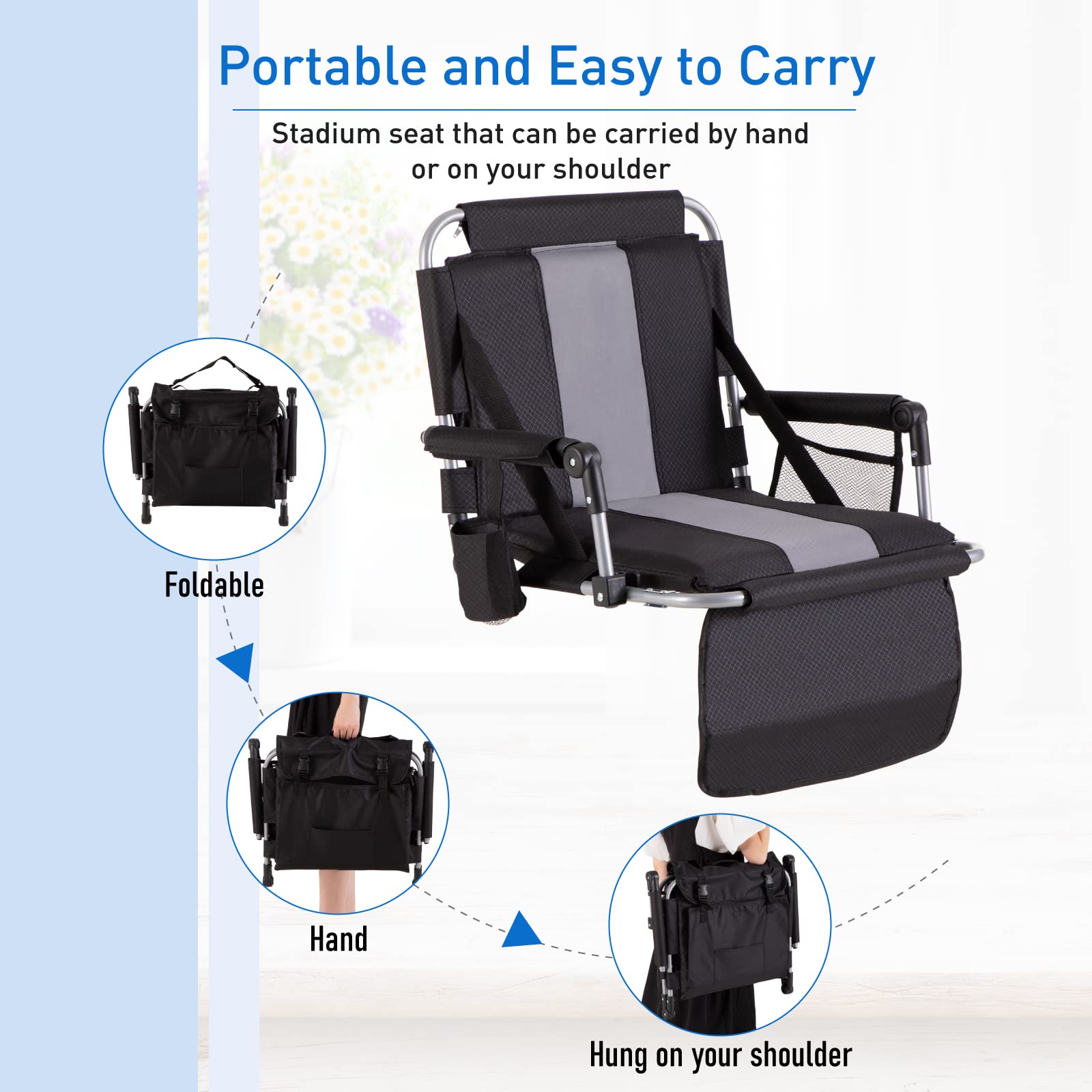Portable Stadium Chair with Armrest & Back Support - Folding Bleacher Seat for Outdoor Events, Sports Games & Concerts - Includes Cup Holder, Mesh Storage Bag & Hide Hooks - Perfect for Football, Baseball, Camping & Picnics