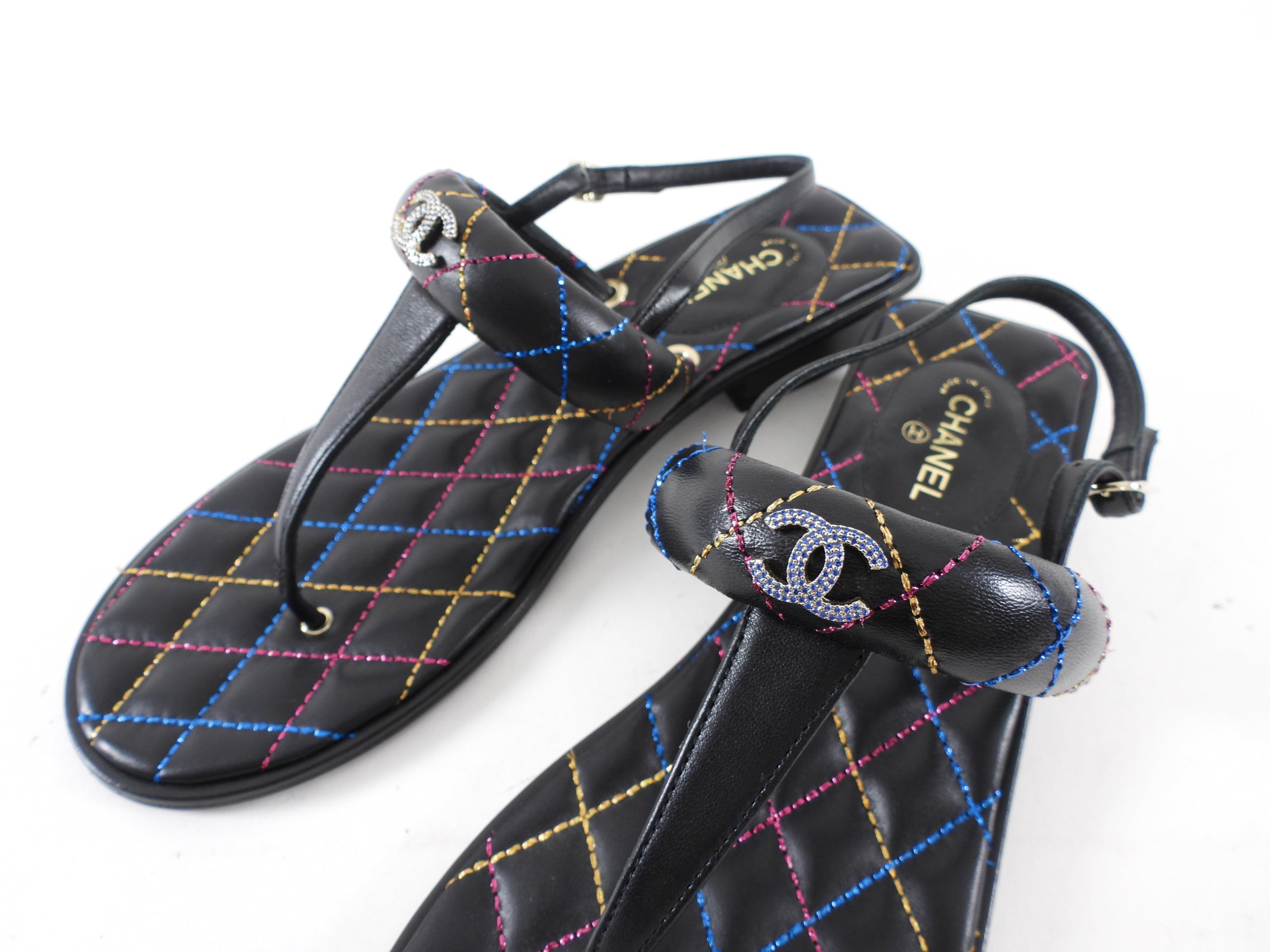 Chanel 21K Black Multi Quilted CC Logo Thong Sandals - Size 40 | Luxury Designer Flip Flops for Women, Beach Vacation & Summer Outfits