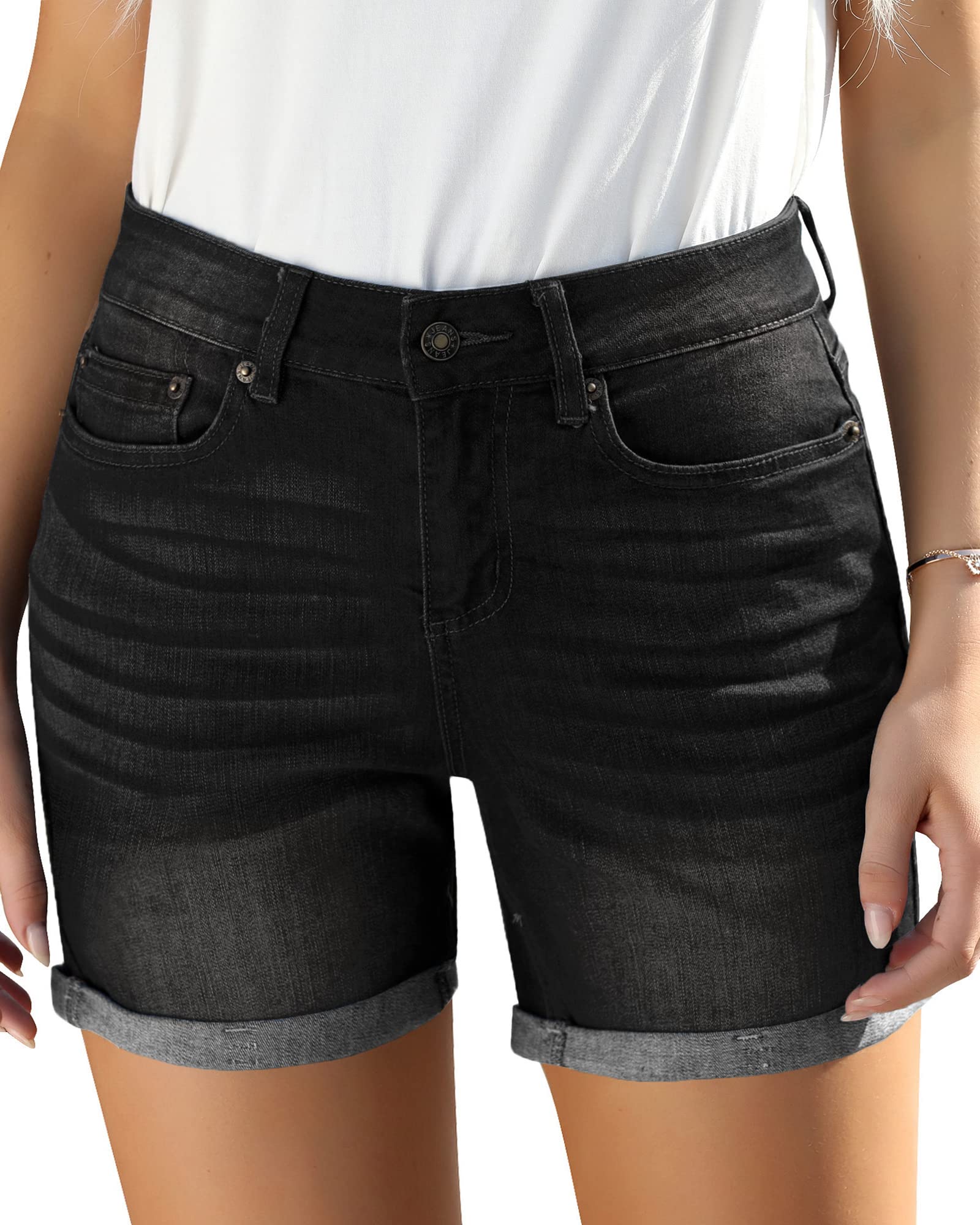 Stylish Women's High Waisted Distressed Denim Shorts - Stretchy Folded Hem Casual Jean Shorts for Summer Outfits, Beach, and Streetwear