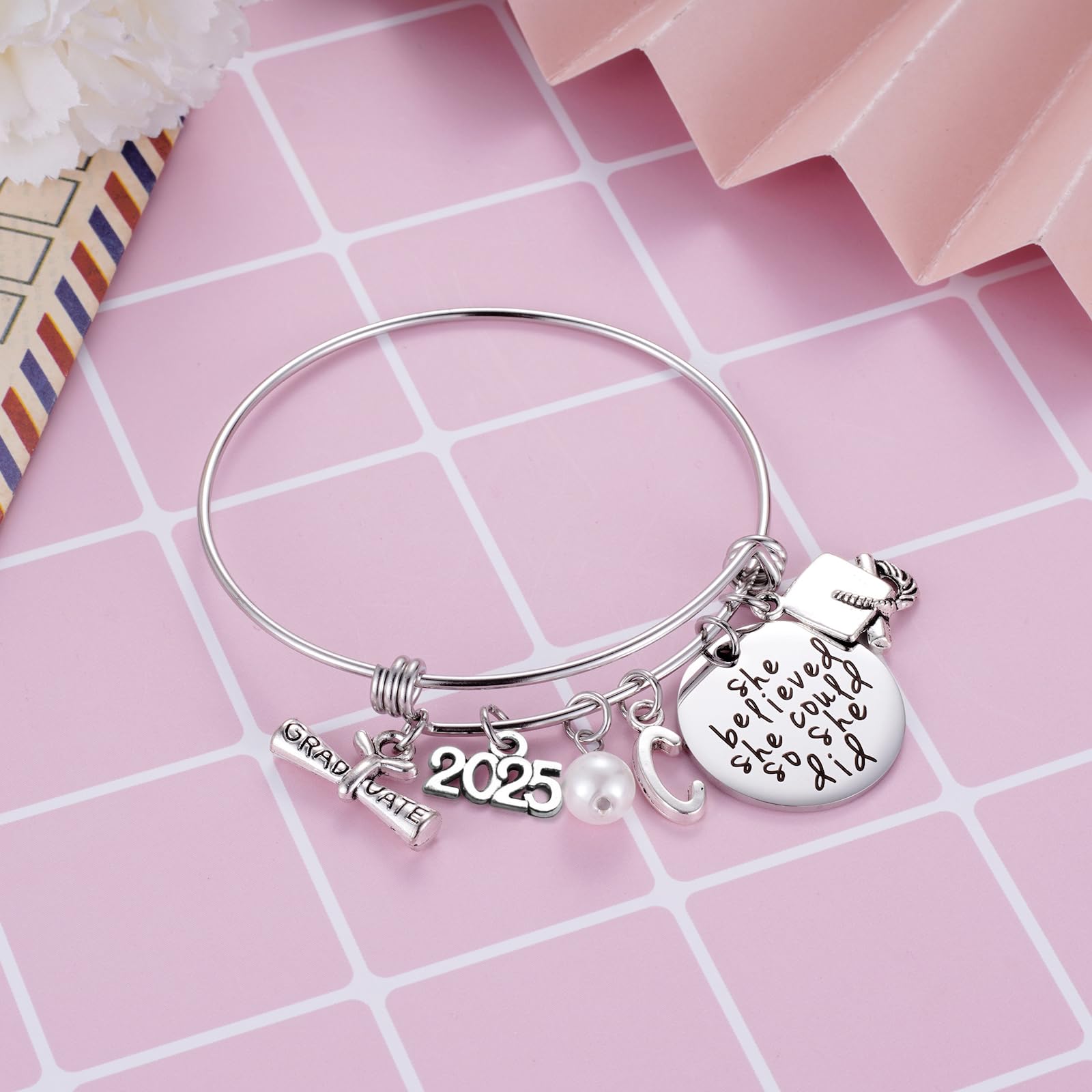 Ukodnus Class of 2025 Graduation Gift Bracelet - Personalized 26 Initial Charm Bracelet for High School & College Seniors - Inspirational Graduation Jewelry for Women - Perfect for Graduation Ceremonies, Parties & Keepsakes