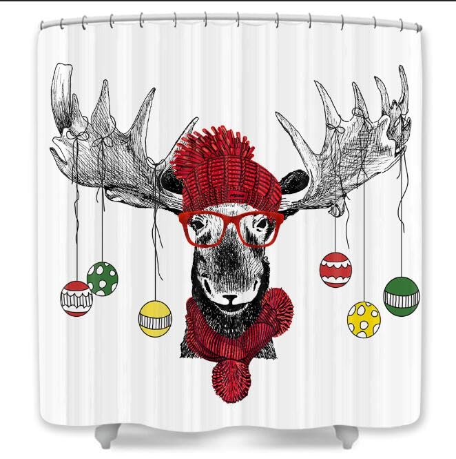 JAWO Funny Christmas Reindeer Shower Curtain with Ornament Ball Hangings - 47x64 Inches Small Bathroom Decor for RV, Stall & Holiday Bathroom Decorations - Perfect for Christmas Party, Winter Home Decor & Festive Bathroom Makeover