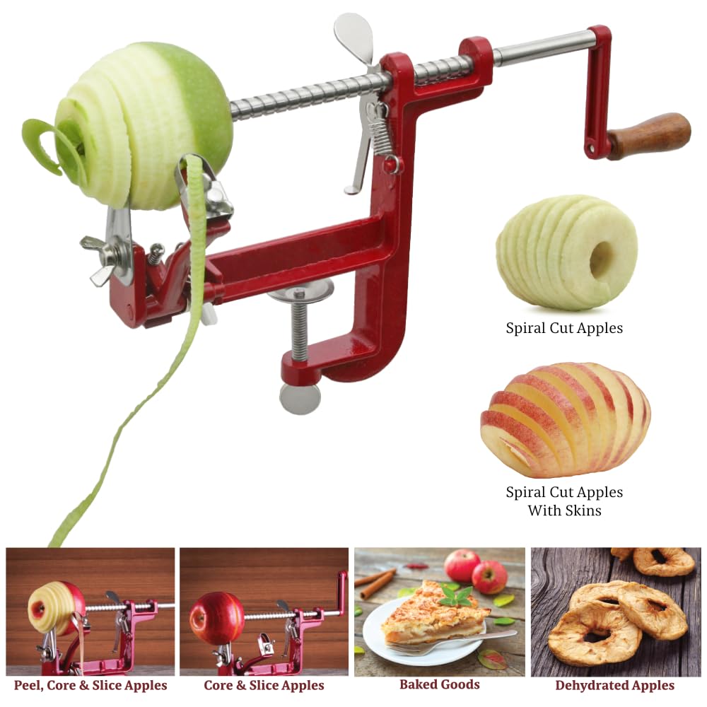 Premium Heavy Duty Cast Iron Peeler with Stainless Steel Corer & Slicer - Professional Apple Peeler with Secure Clamp Base - Perfect for Making Apple Pies, Apple Crisps, and Fruit Preparations