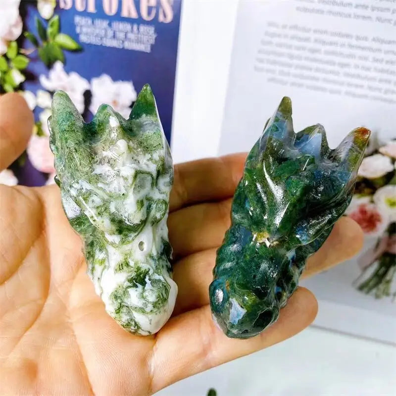 6.3CM Natural Moss Agate Dragon Skull Carved Crystal Statue - Healing Crystal for Feng Shui, Reiki Energy, Home & Office Decor - Unique Spiritual Gift for Meditation & Aesthetic Display (1pc)