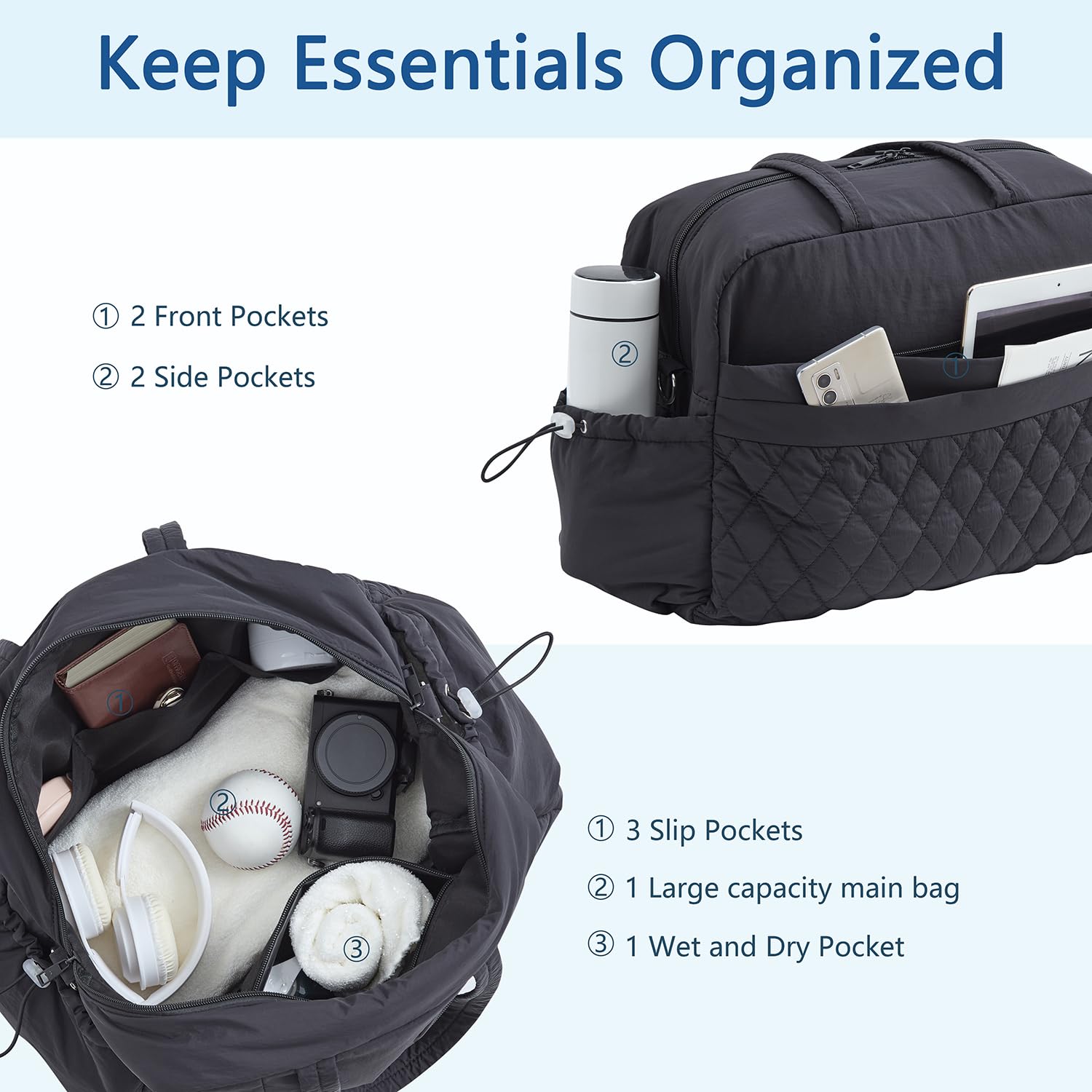 Waterproof Women's Duffle Bag - TSA Approved Carry On Gym Bag with Wet Pocket, Lightweight Travel Weekender Overnight Bag for Workout, Hospital, Business Trip (16.5x7.5x11 Inches, Black) | Perfect for Gym, Yoga, Beach Vacation & Business Travel