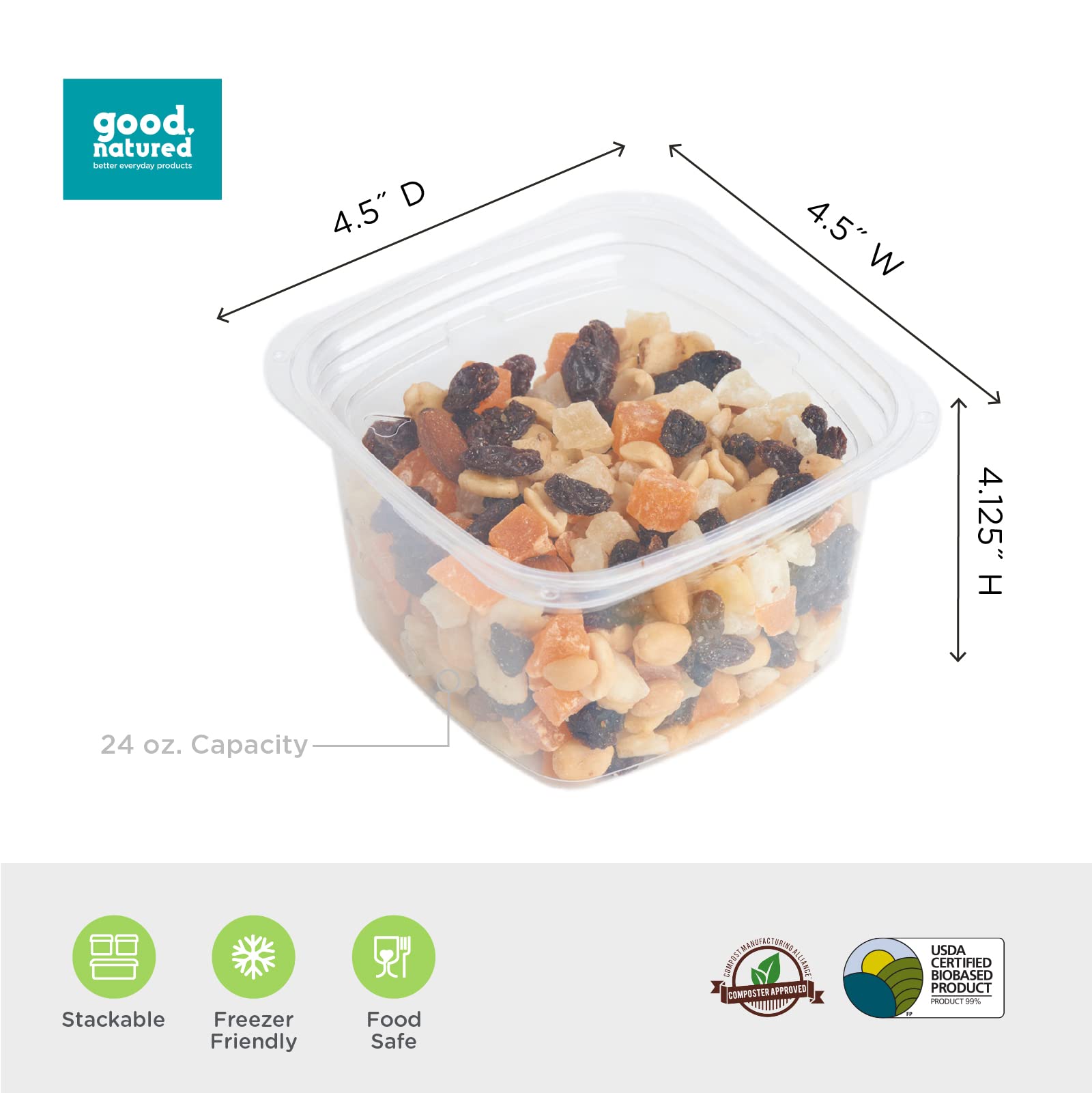 Good Natured 24 oz Deli Containers (Pack of 560) - 99% Plant-Based BPA-Free Food Storage Containers | Stackable Square Containers for Meal Prep, Leftovers & Restaurant Takeout