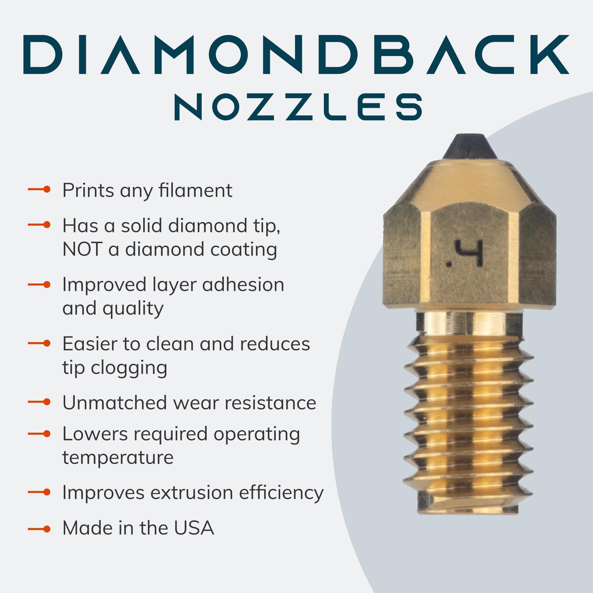 Premium Diamondback Nozzles – Spider 3D Printer Compatible – Polycrystalline Solid Diamond Tip for Improved Extrusion & Long Life – Wear Resistant, USA Made (0.4mm) – Ideal for High-Temp Filaments, Precision Printing & Industrial 3D Applications