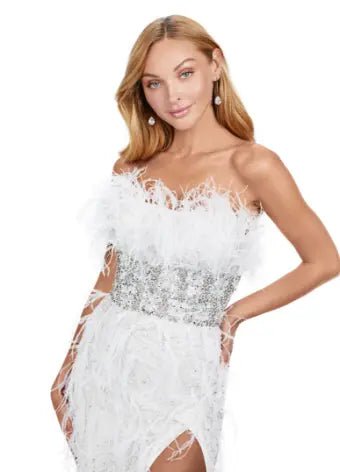 ASHLEYlauren 11457 Elegant Strapless Evening Gown with Beaded Details & Feather Accents - Perfect for Prom, Red Carpet Events & Formal Occasions