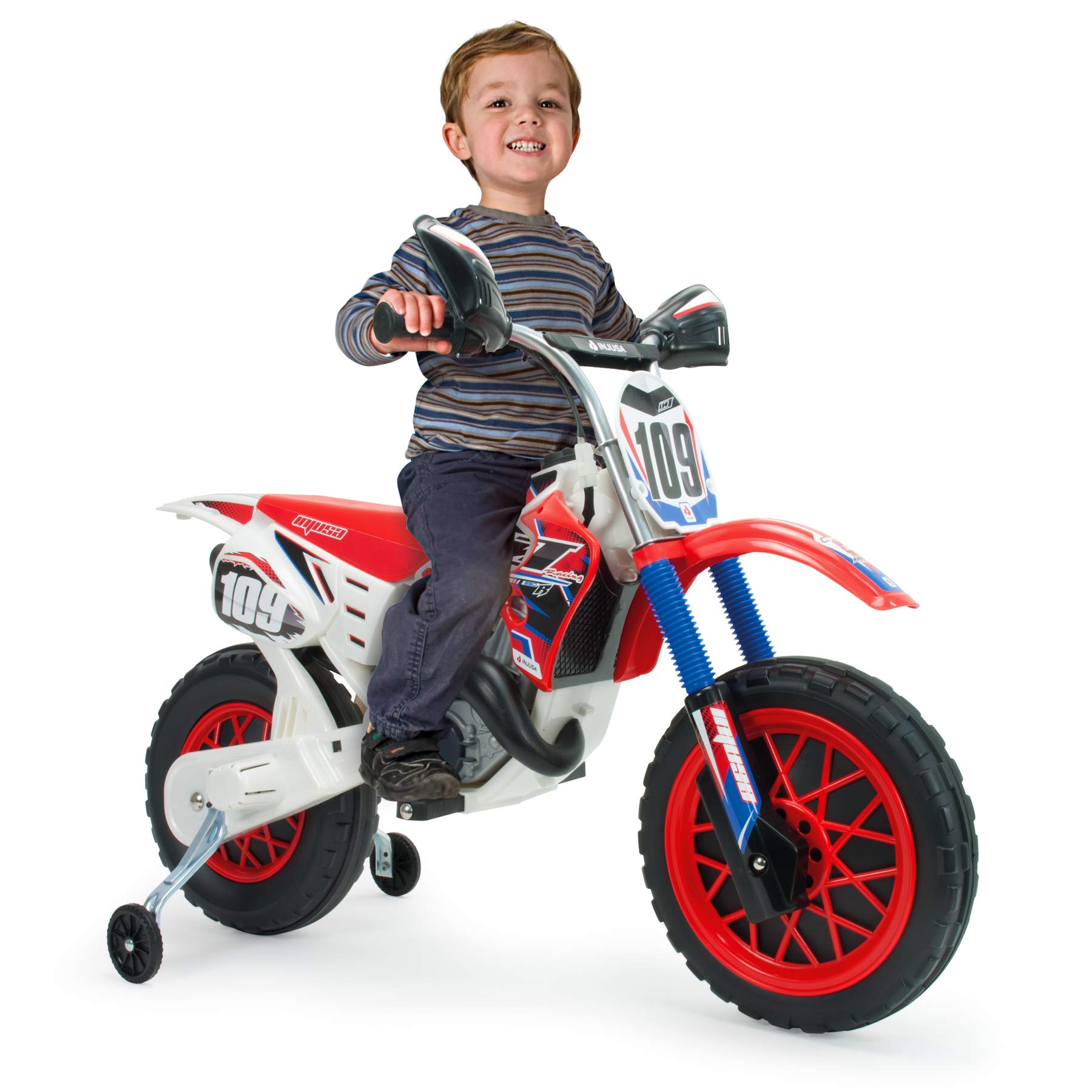 INJUSA Kids Electric Dirt Bike for Boys & Girls Ages 3-6 Years | 6V Battery | Rubber-Tread Plastic Wheels | Training Wheels | Twist-Grip Throttle | Electric Brake | 5 Km/h Max Speed | White (677/011) - Perfect for Backyard Riding, Birthday Gifts & Outdoor Adventures