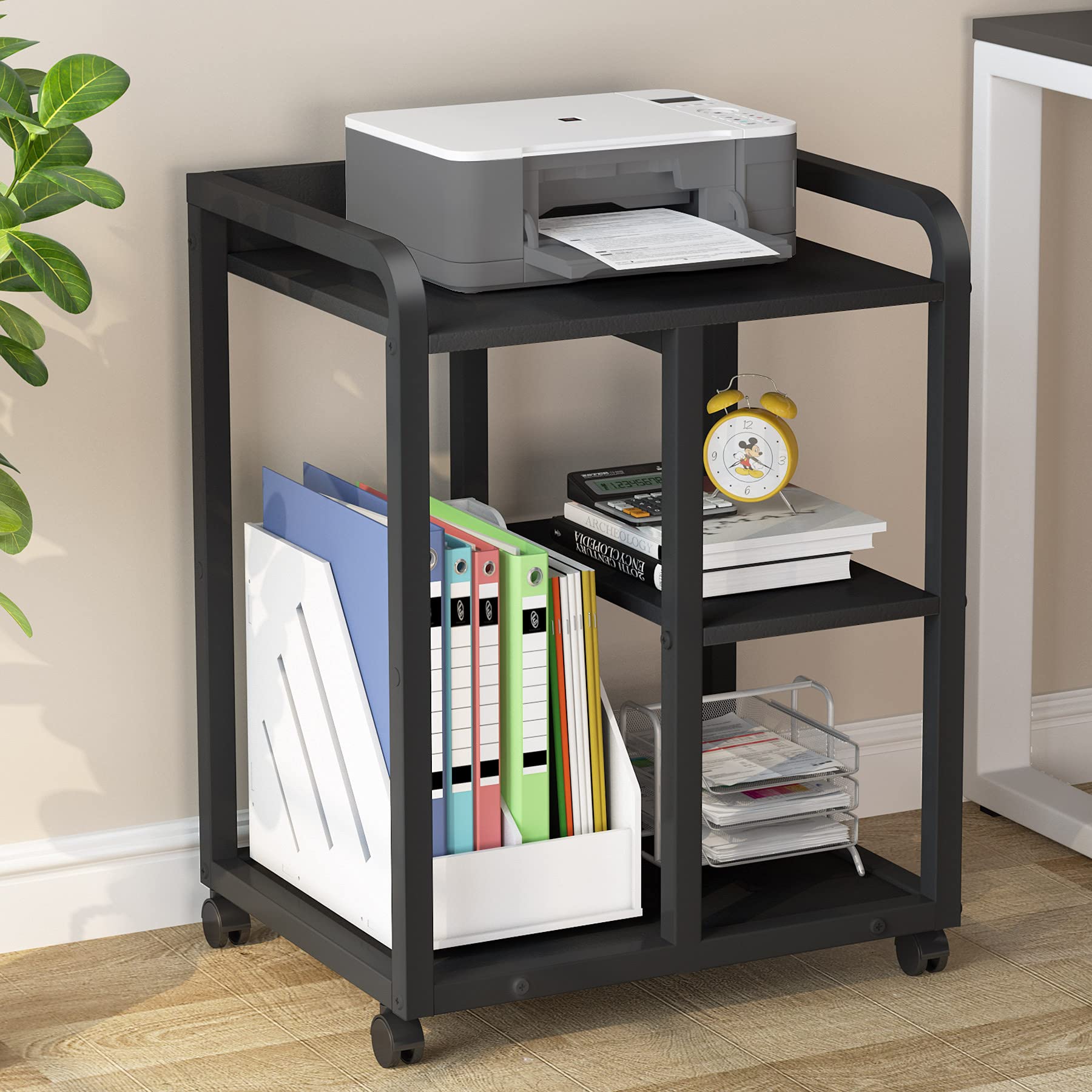 Tribesigns 3-Tier Rolling Printer Stand with Storage Shelves - Under Desk Mobile Printer Cart on Wheels for Home Office Organization - Perfect for Laser/Inkjet Printers, Scanners & Office Supplies (Black)